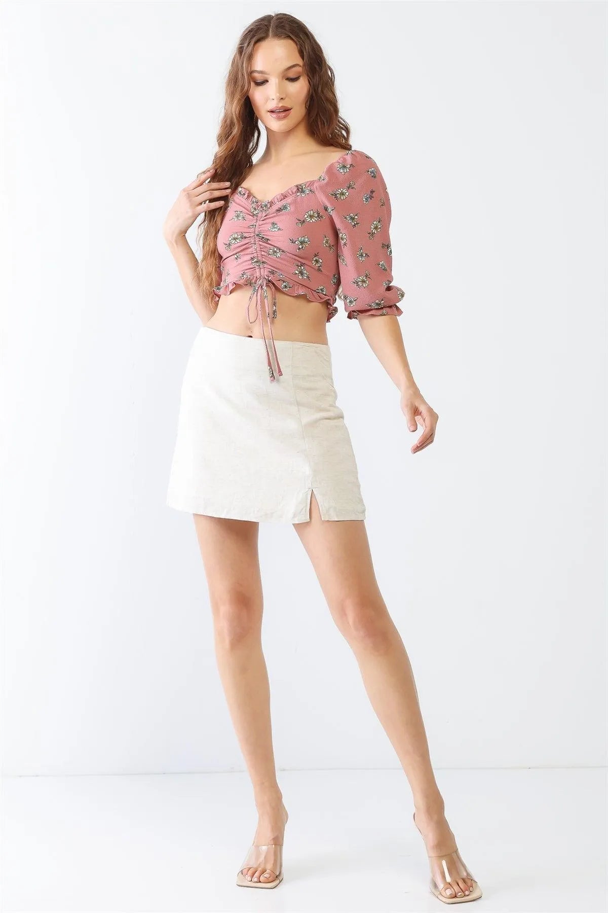 Mauve Floral Ruffle Smocked Back Ruched Crop Top - Tasha Apparel Wholesale