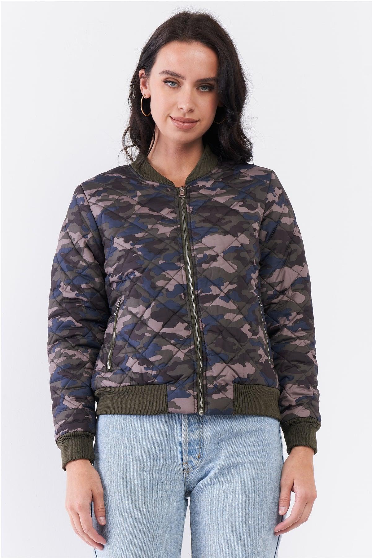 Olive Camo Print Quilted Puff Sleeve Front Zip-Up Winter Jacket