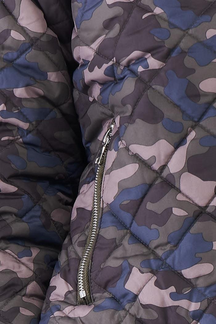 Olive Camo Print Quilted Puff Sleeve Front Zip-Up Winter Jacket