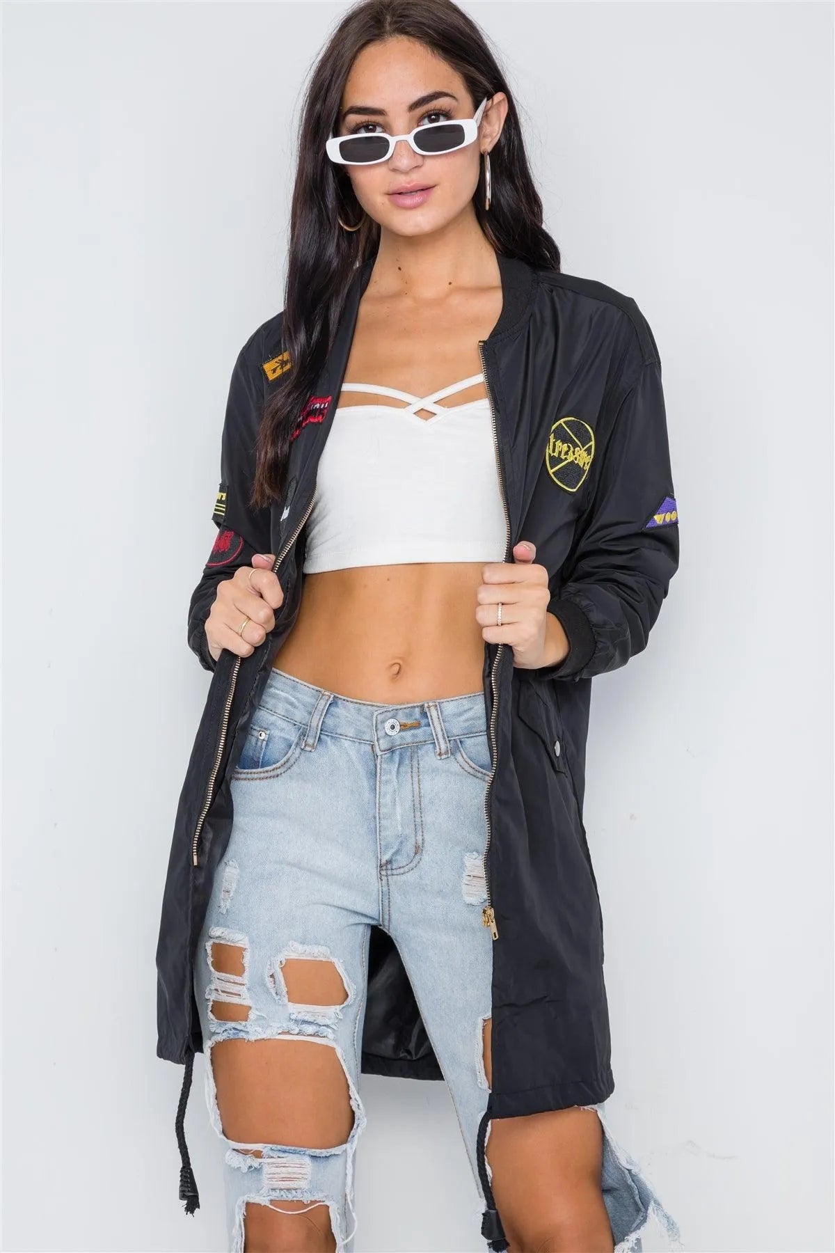 Black Graphic Patch Long Sleeve Bomber Jacket /4-2 - Tasha Apparel Wholesale