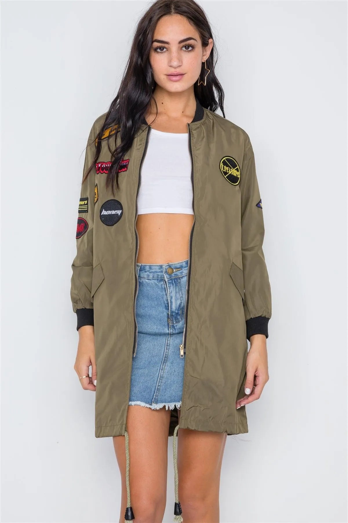 Olive Graphic Patch Long Sleeve Bomber Jacket /2-2-3 - Tasha Apparel Wholesale