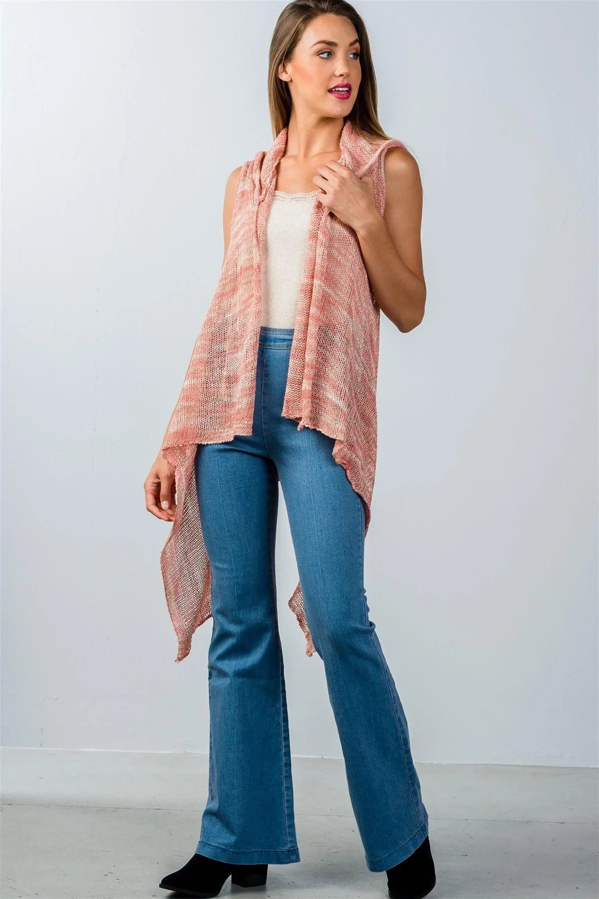 Coral Open-Knit Hooded Open Front Cardigan / 2-2-2 - Tasha Apparel Wholesale