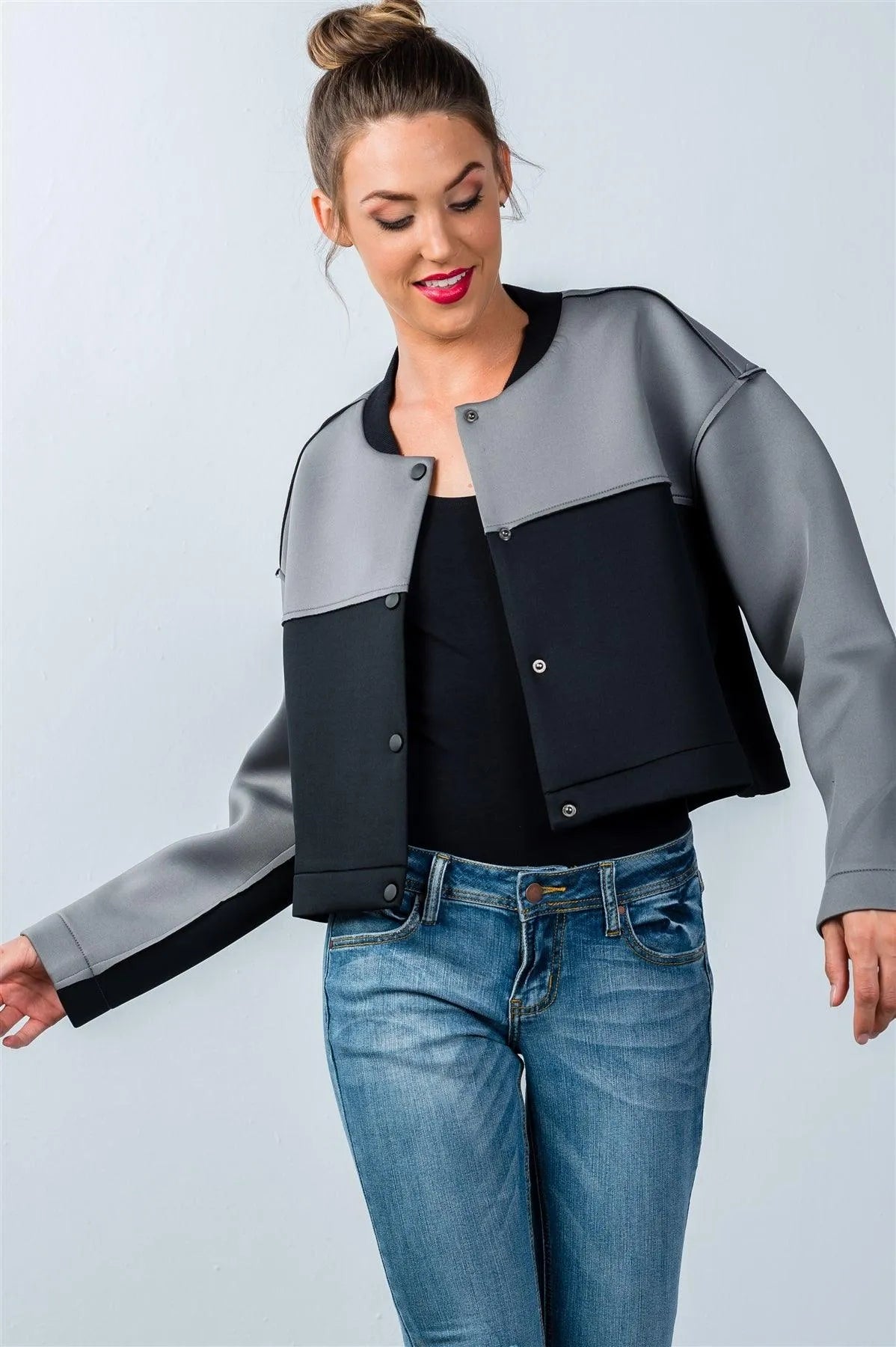 Grey And Black Color-Block Jacket / 3-3 - Tasha Apparel Wholesale