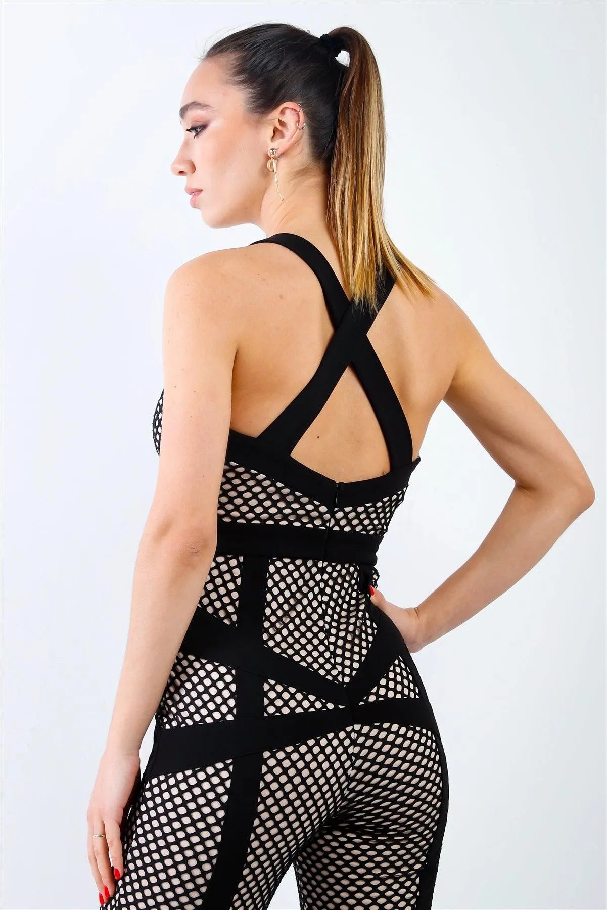 Black Fishnet Nude Lining Back Crossover Straps Jumpsuit /3-2-1 - Tasha Apparel Wholesale