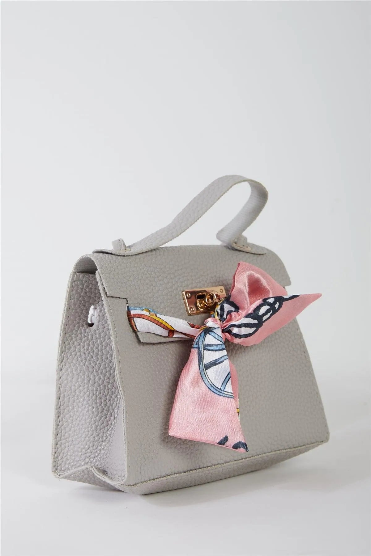Grey Textured Pleather Satin Printed Twilly Scarf Detail Flap Satchel Handbag /3 Bags - Tasha Apparel Wholesale