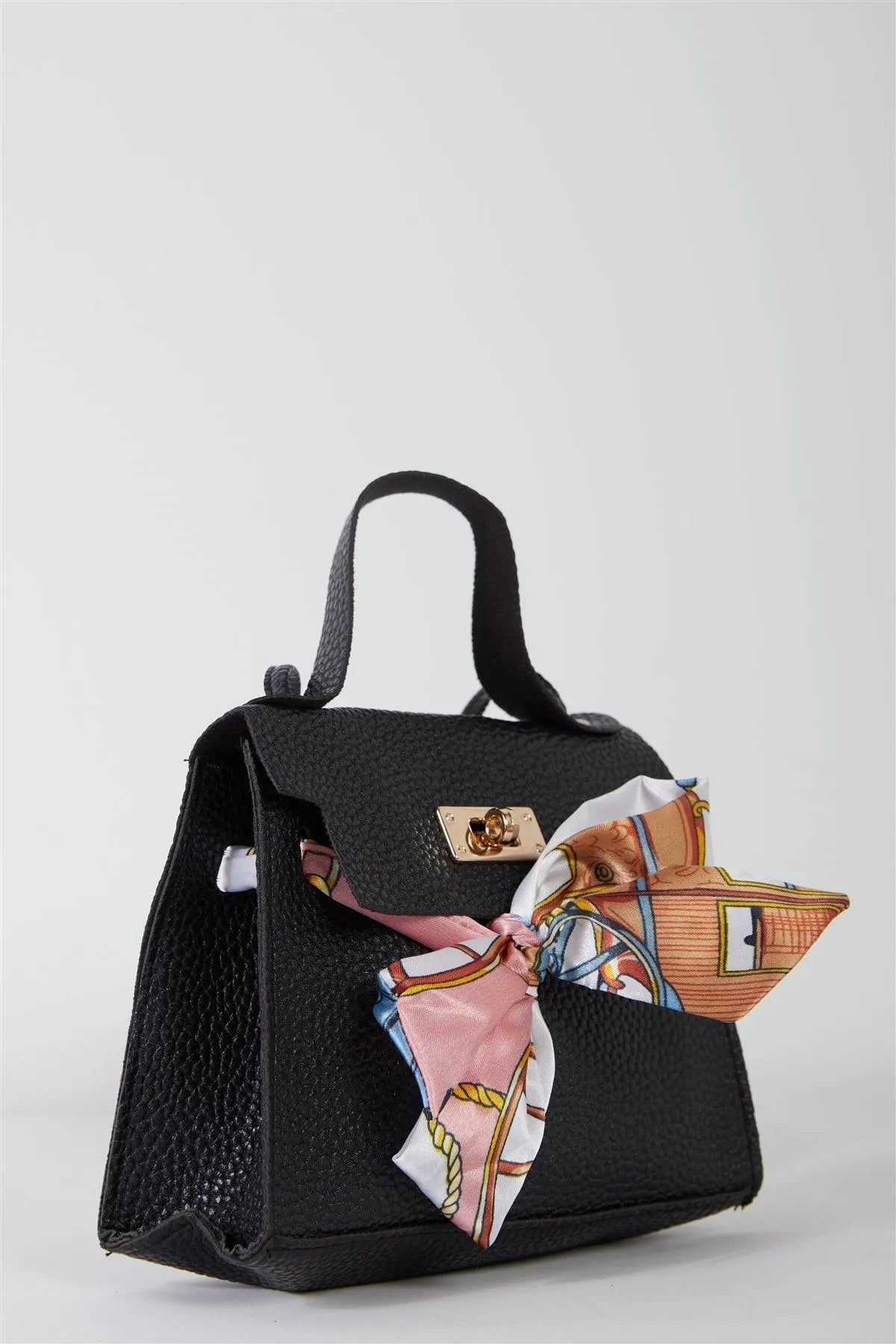 Black Satin Printed Twilly Scarf Flap Satchel Handbag - Tasha Apparel Wholesale