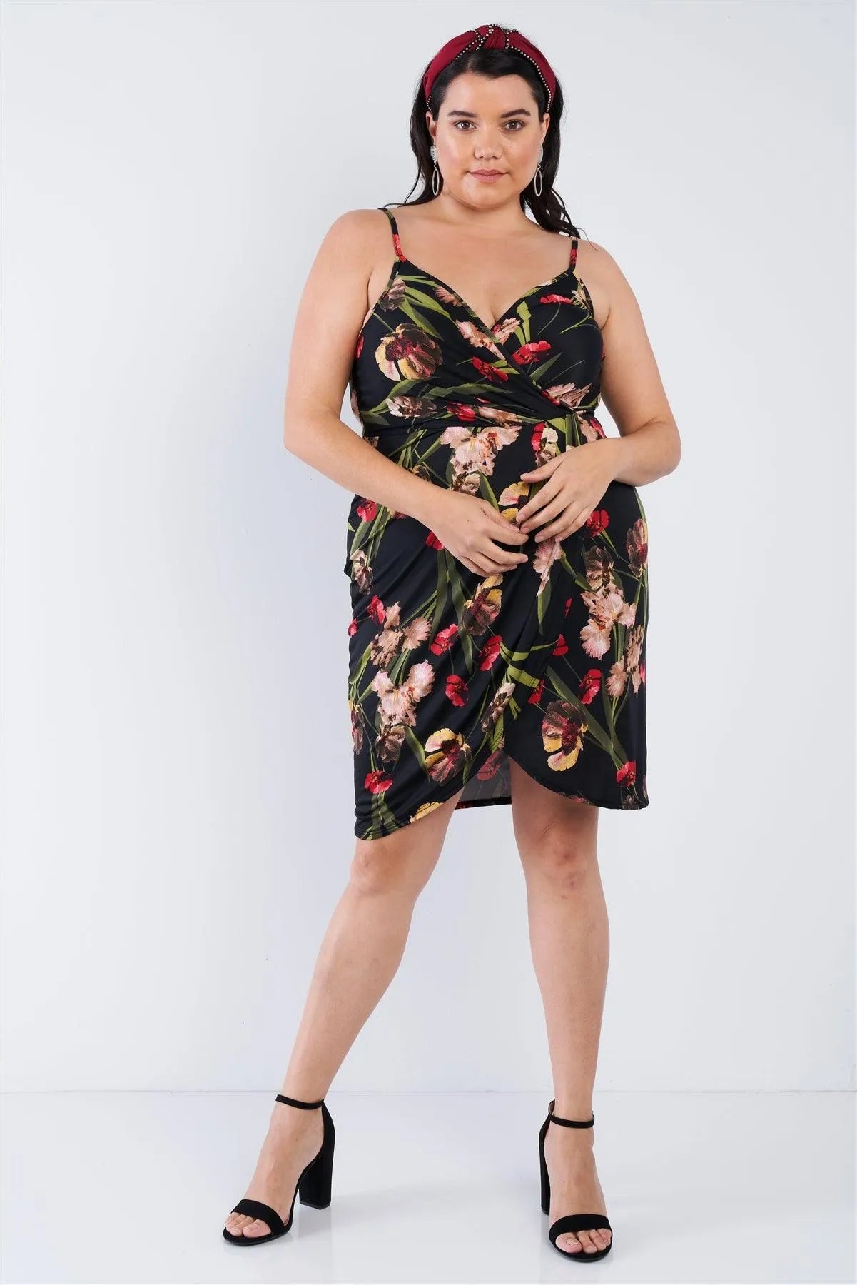 Junior Plus Size Black Floral Surplice Tulip Mini Dress /3-2-3 - Tasha Apparel Wholesale