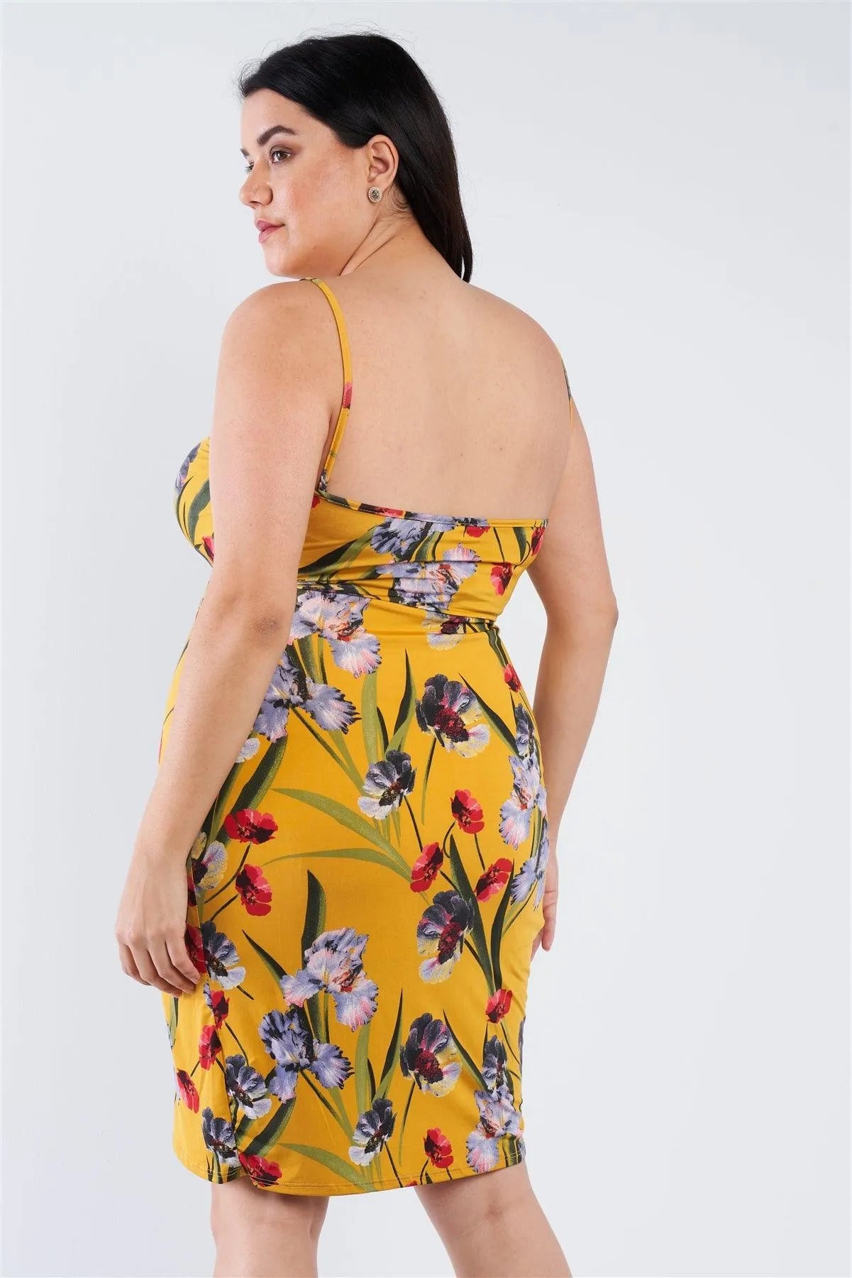 Junior Plus Size Mustard Floral Surplice Tulip Mini Dress /2-1-1 - Tasha Apparel Wholesale