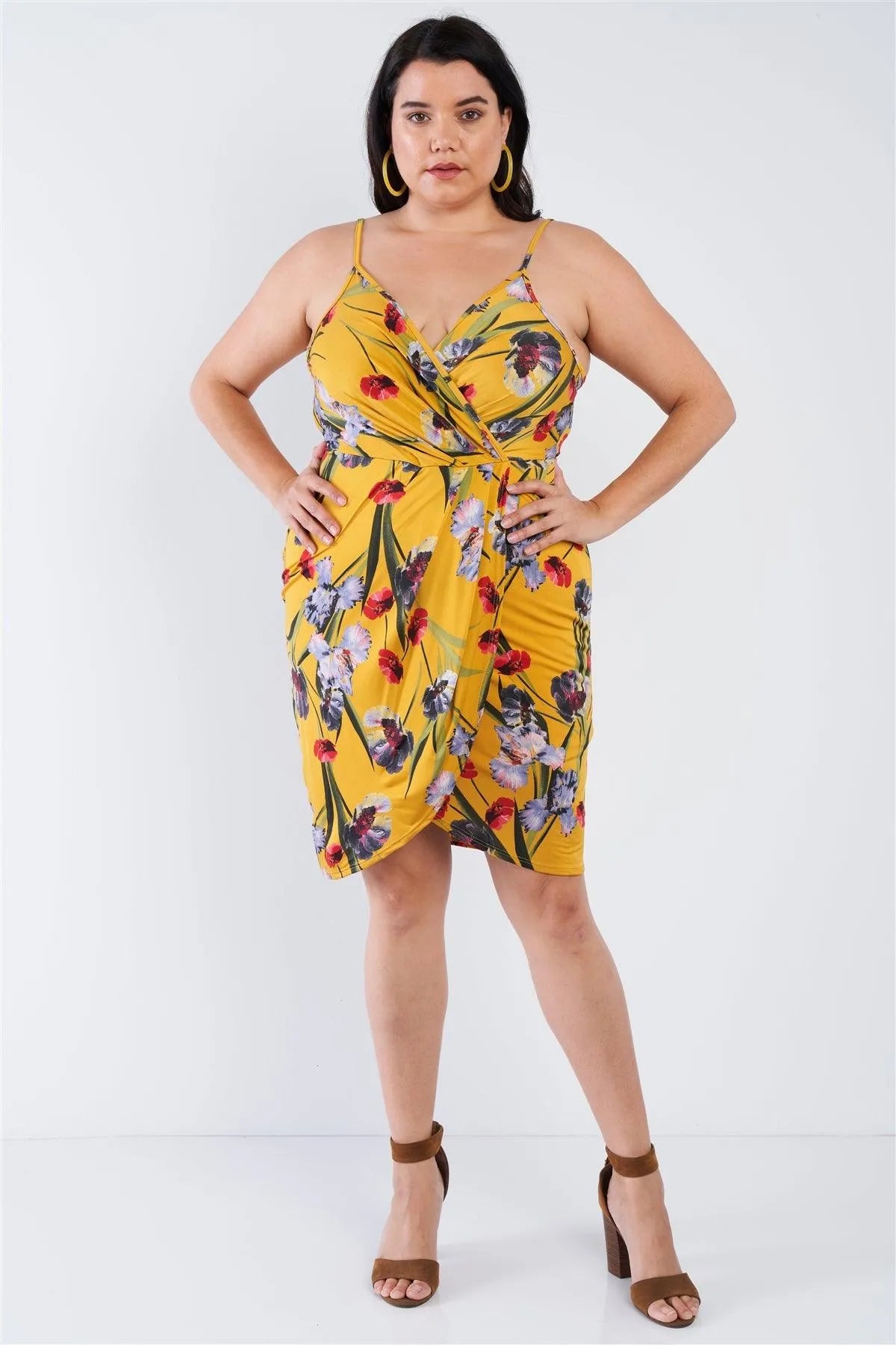 Junior Plus Size Mustard Floral Surplice Tulip Mini Dress /2-2-2 - Tasha Apparel Wholesale