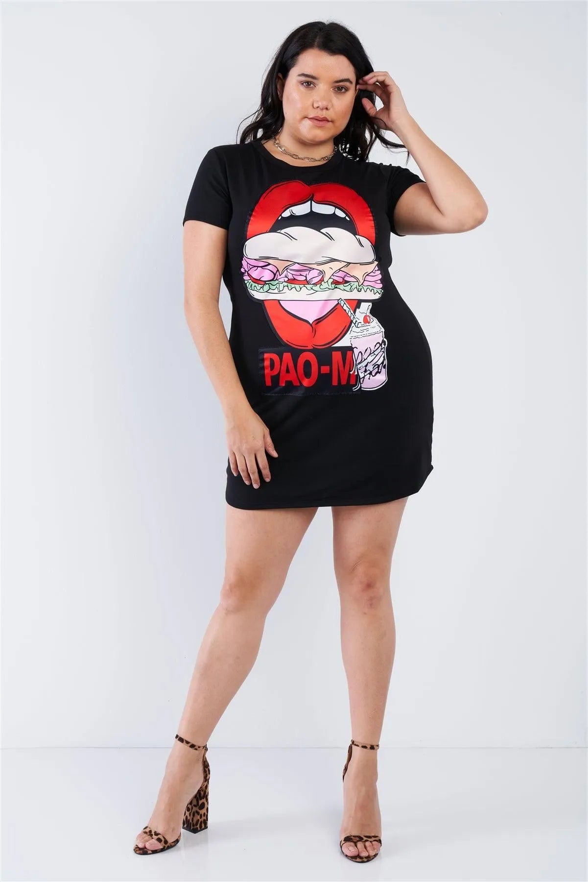 Junior Plus Size Black Graphic T-shirt Dress /1-1-2 - Tasha Apparel Wholesale
