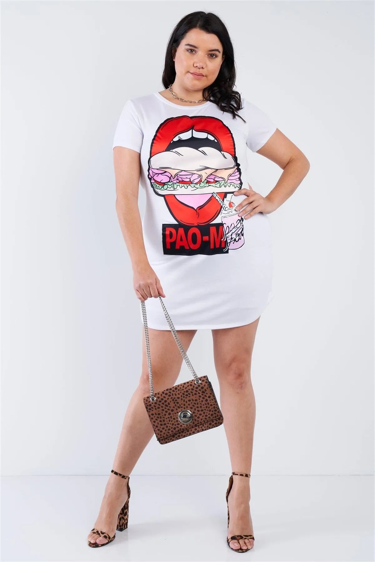 Plus Size White Red Lips Graphic T-shirt Dress - Main Image