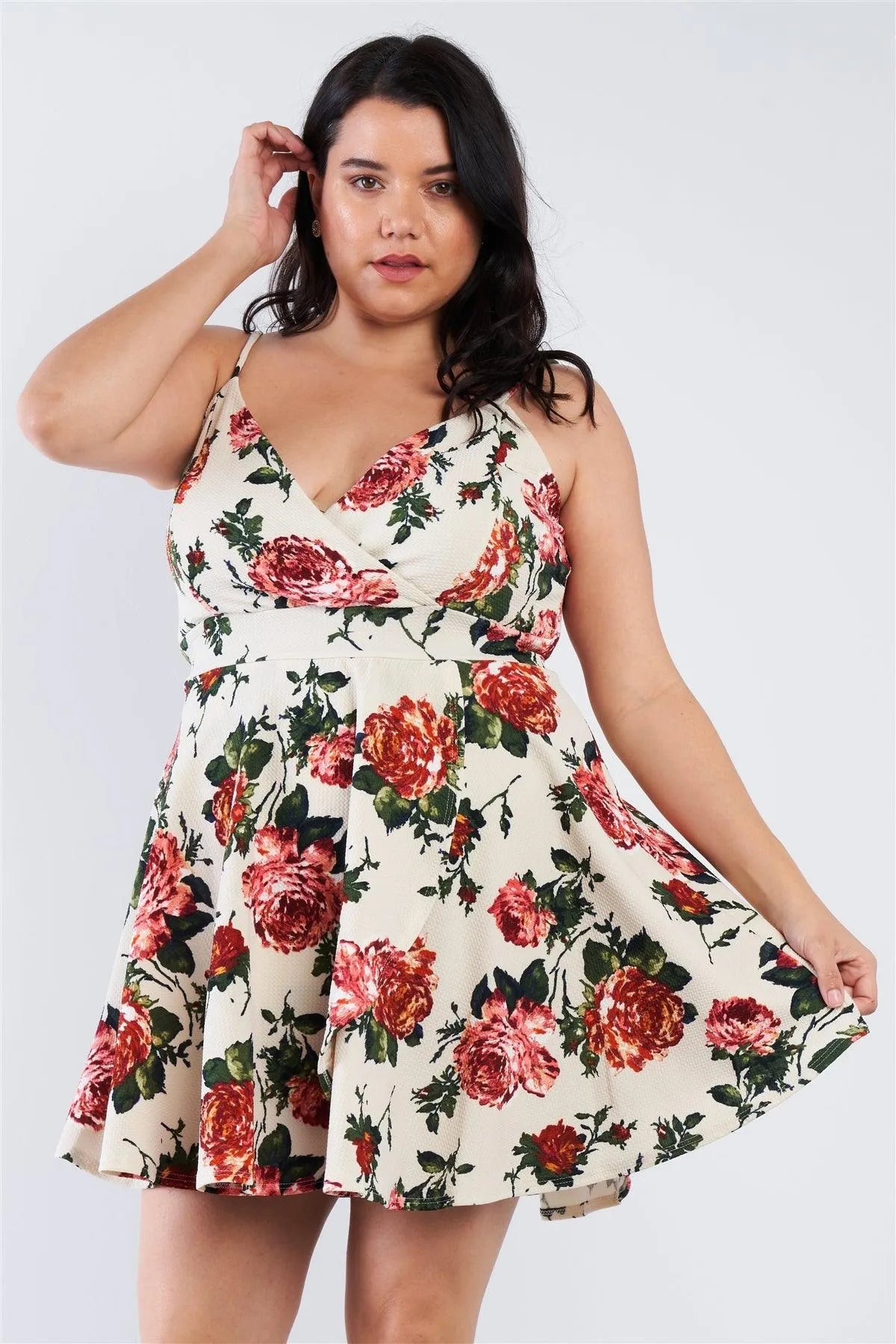 Junior Plus Size Ivory Floral Mini Dress /1-2-2 - Tasha Apparel Wholesale