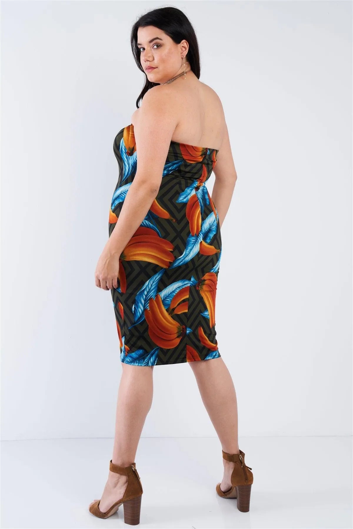 Junior Plus Size Olive Banana Print Tube Top Midi Dress /2-2-2 - Tasha Apparel Wholesale