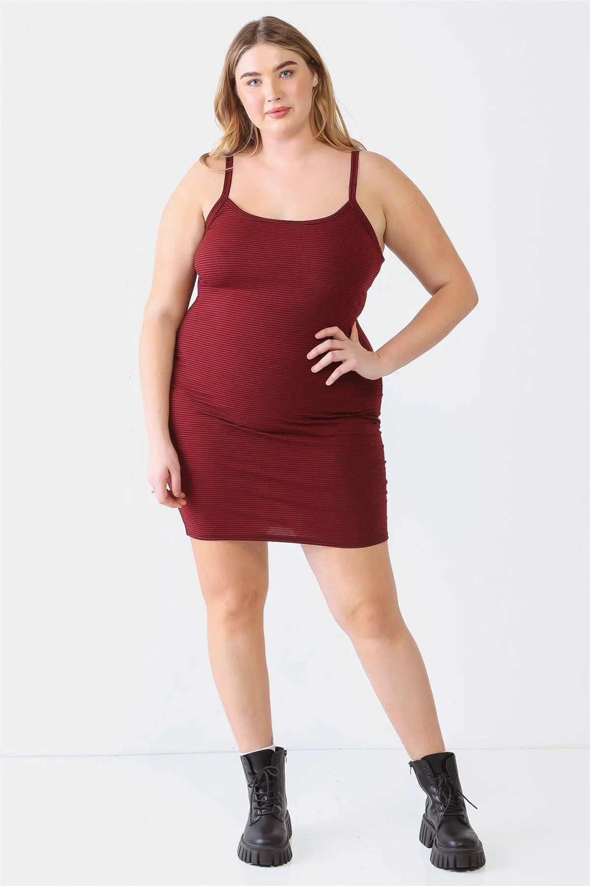 Plus Size Burgundy Stripe Print Mini Dress - Tasha Apparel Wholesale