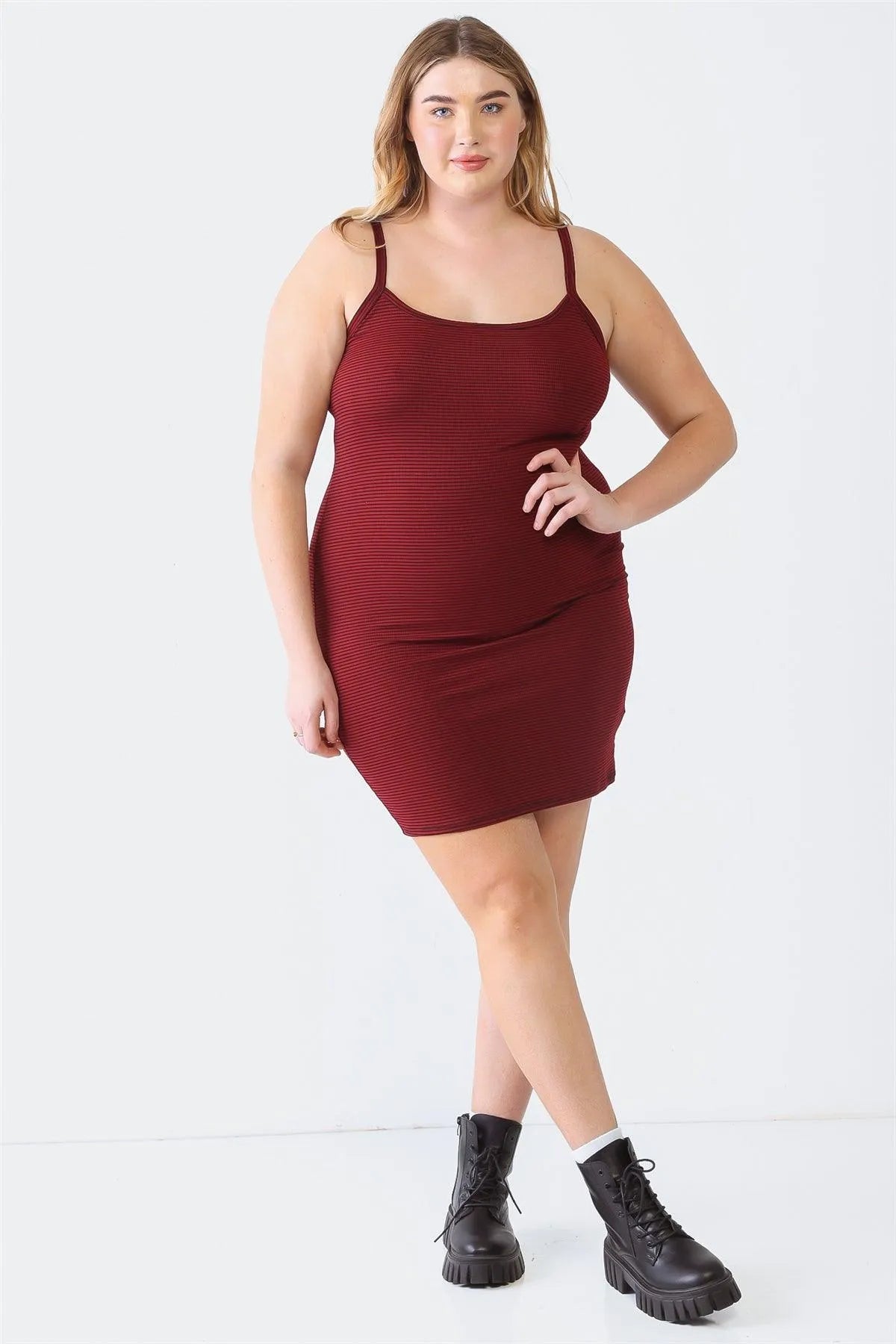 Plus Size Burgundy Stripe Sleeveless Mini Dress - Tasha Apparel Wholesale