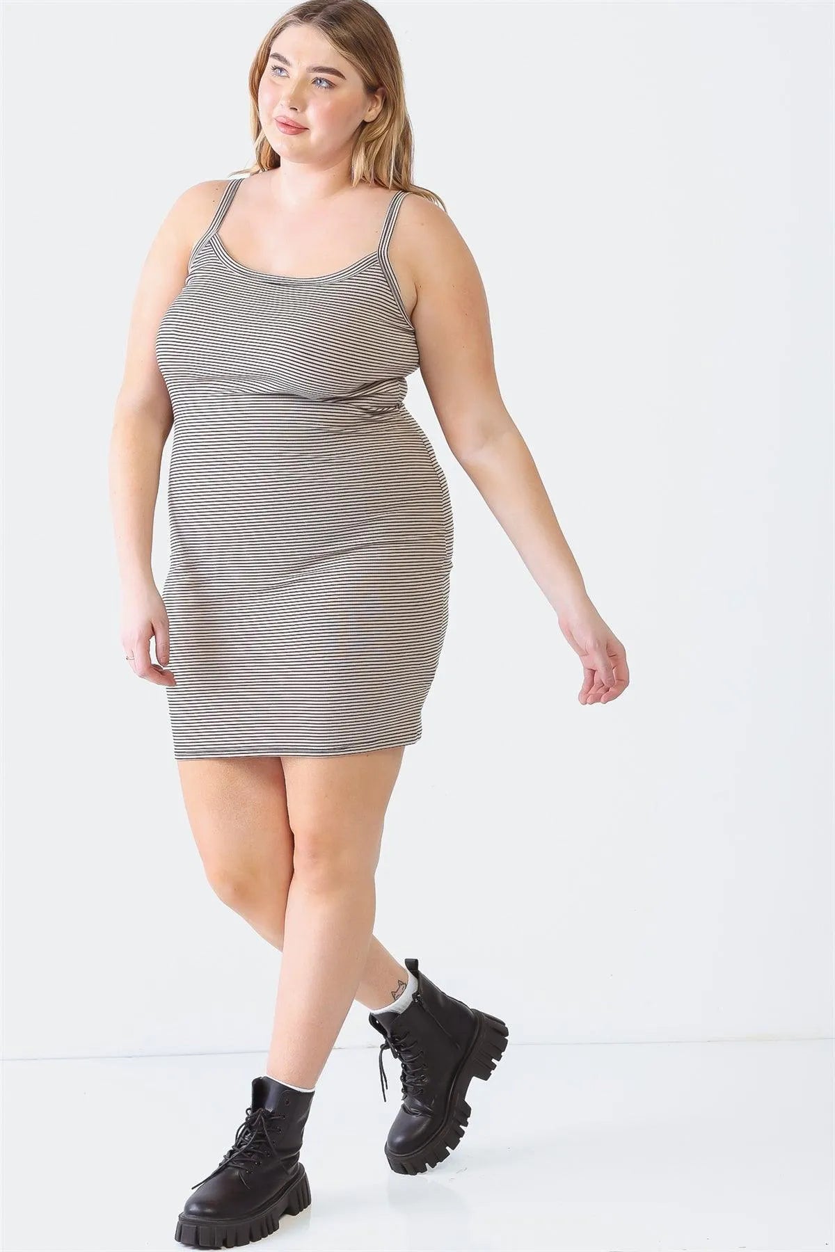 Junior Plus Taupe Stripe Print Sleeveless Strappy Mini Dress /1-2-2 - Tasha Apparel Wholesale