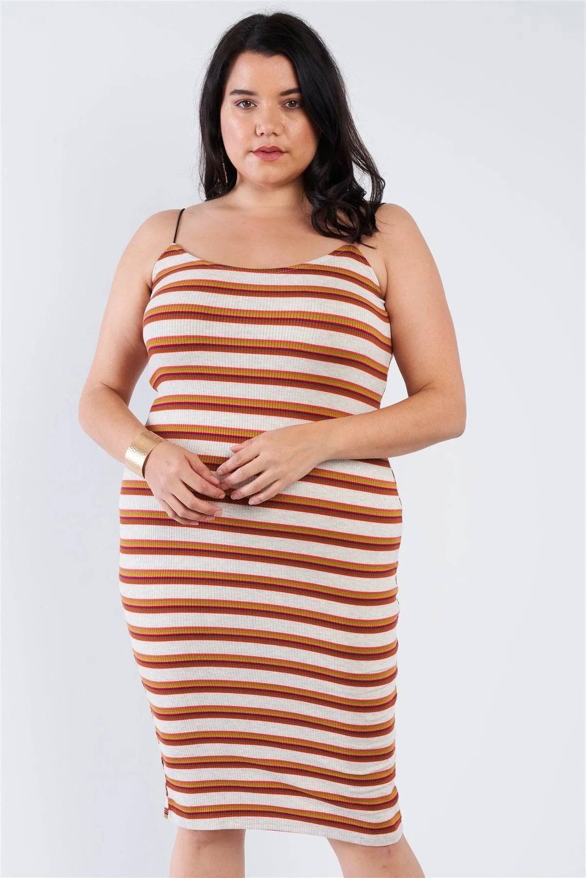 Junior Plus Size Taupe Stripped Ribbed Knit Tank Midi Dress /2-1-1 Junior Plus Size Taupe Stripped Ribbed Knit Tank Midi Dress /2-1-1