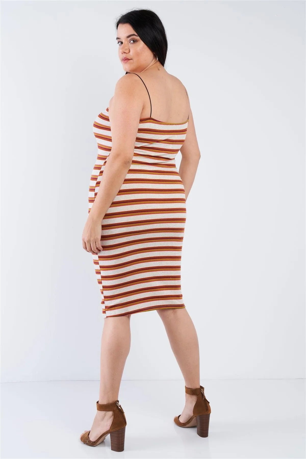 Junior Plus Size Taupe Stripped Ribbed Knit Tank Midi Dress /2-2-2 - Tasha Apparel Wholesale
