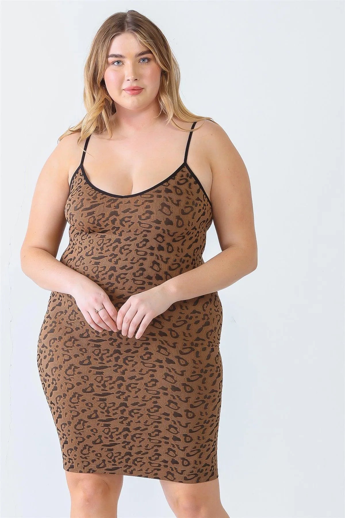 Junior Plus Brown Leopard Print Ribbed Sleeveless Strappy Tight Mini Dress /2-2 Junior Plus Brown Leopard Print Ribbed Sleeveless Strappy Tight Mini Dress /2-2