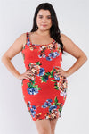 Junior Plus Size Tomato Red Floral Print Scoop Back Cinched Center Mini Dress