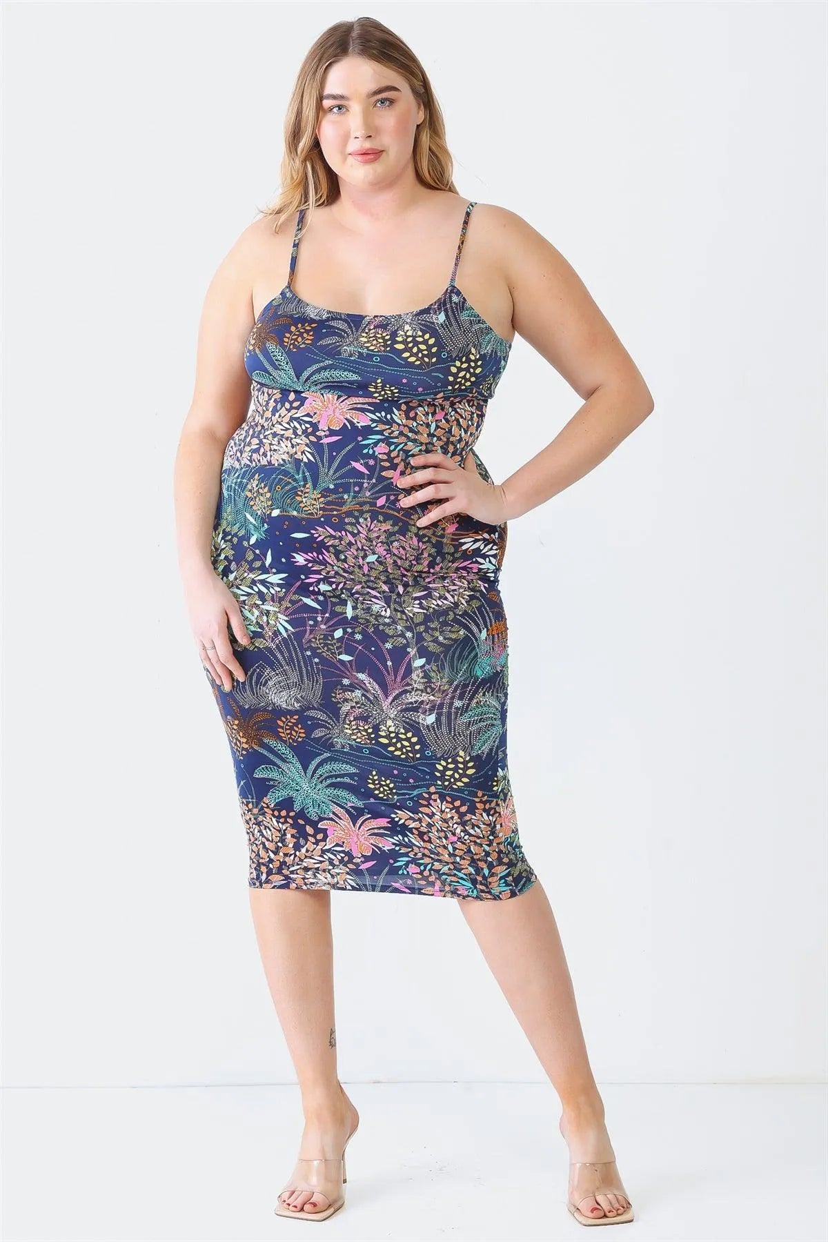 Junior Plus Navy Flower Print Strappy Midi Dress /1-1-1 - Tasha Apparel Wholesale
