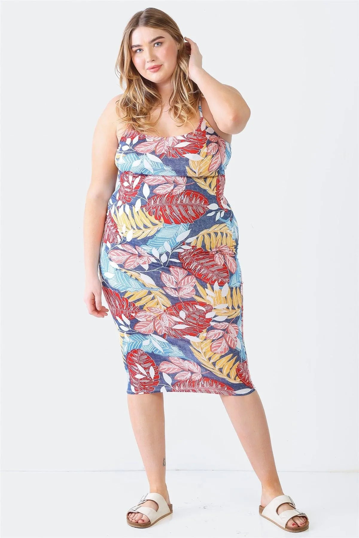 Plus Size Red Palm Leaves Print Strappy Midi Dress - Tasha Apparel Wholesale