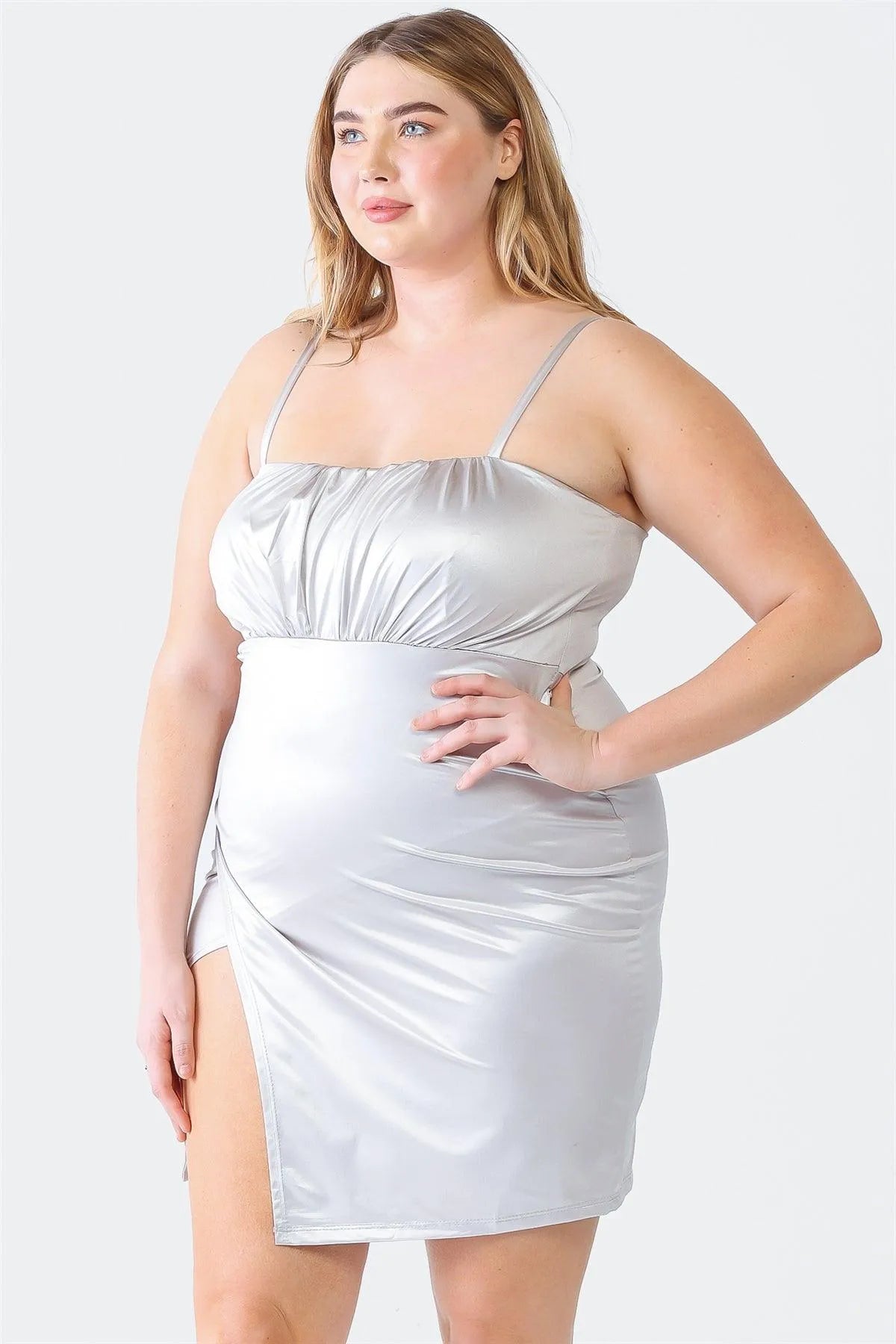 Plus Size Metallic Silver Satin Wrap Hem Mini Dress - Tasha Apparel Wholesale