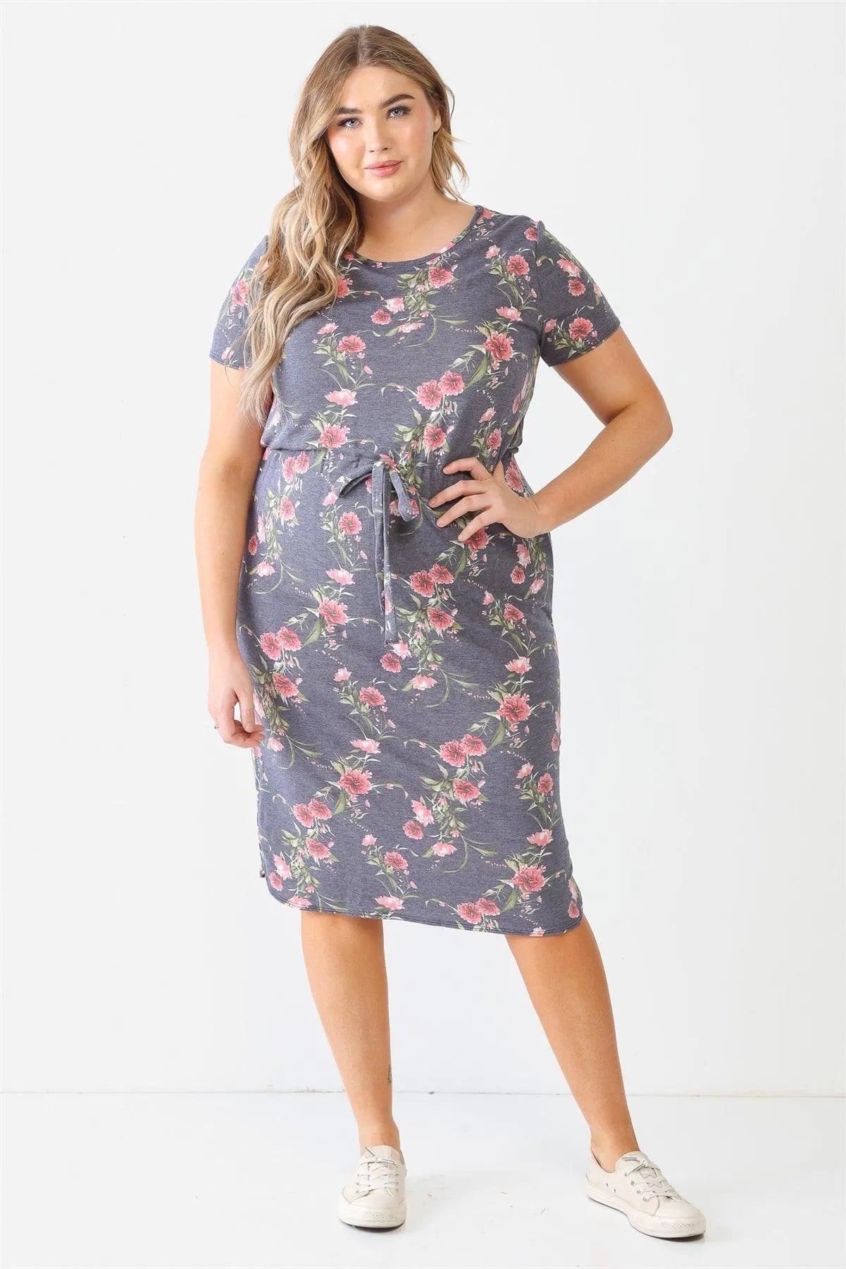 Junior Plus Grey Flower Short Sleeve Crew Neck Midi Dress /1-1-1 - Tasha Apparel Wholesale