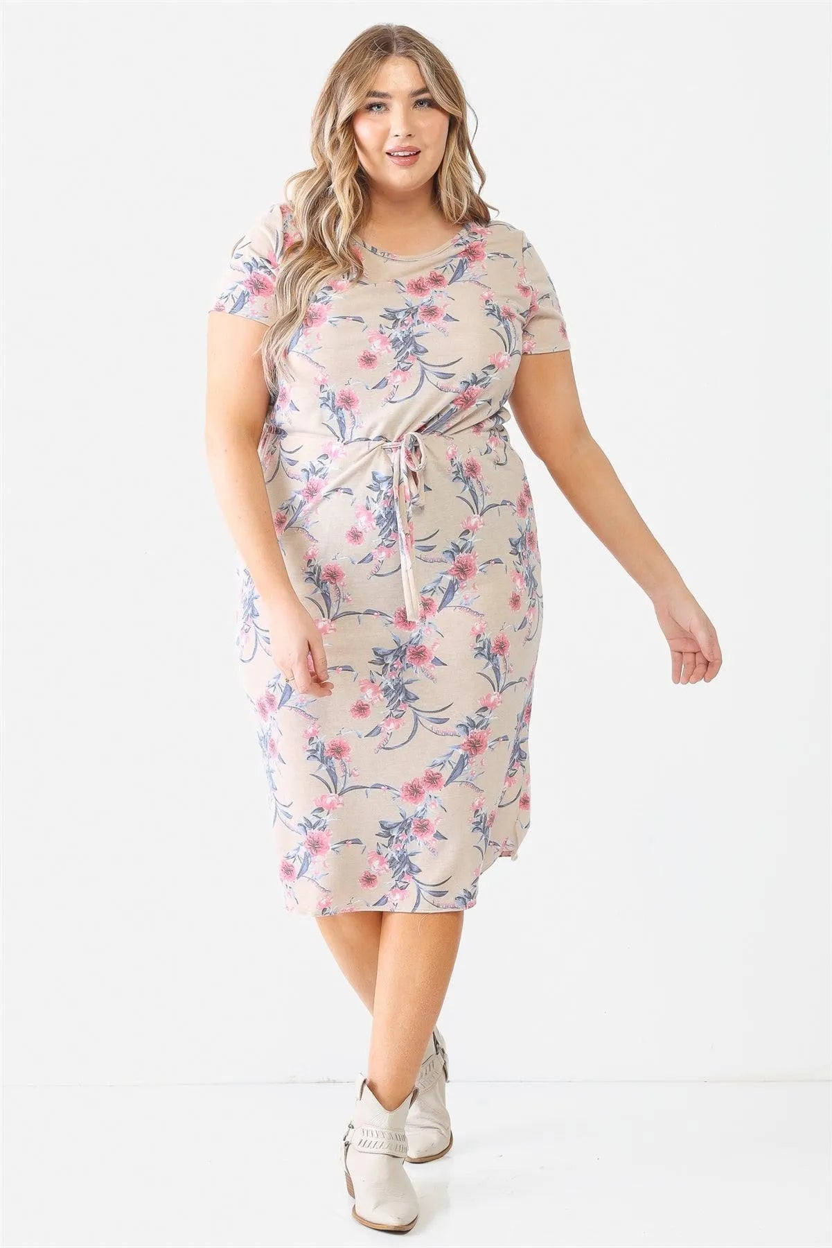 Junior Plus Taupe Flower Short Sleeve Crew Neck Midi Dress /1-1-1 - Tasha Apparel Wholesale