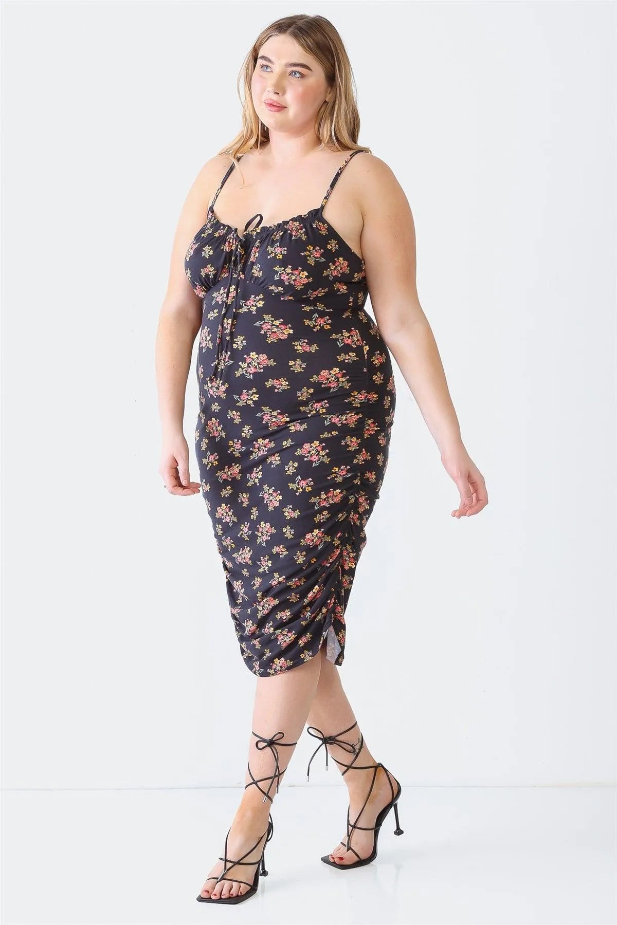 Plus Size Black Floral Print Ruched Midi Dress - Tasha Apparel Wholesale