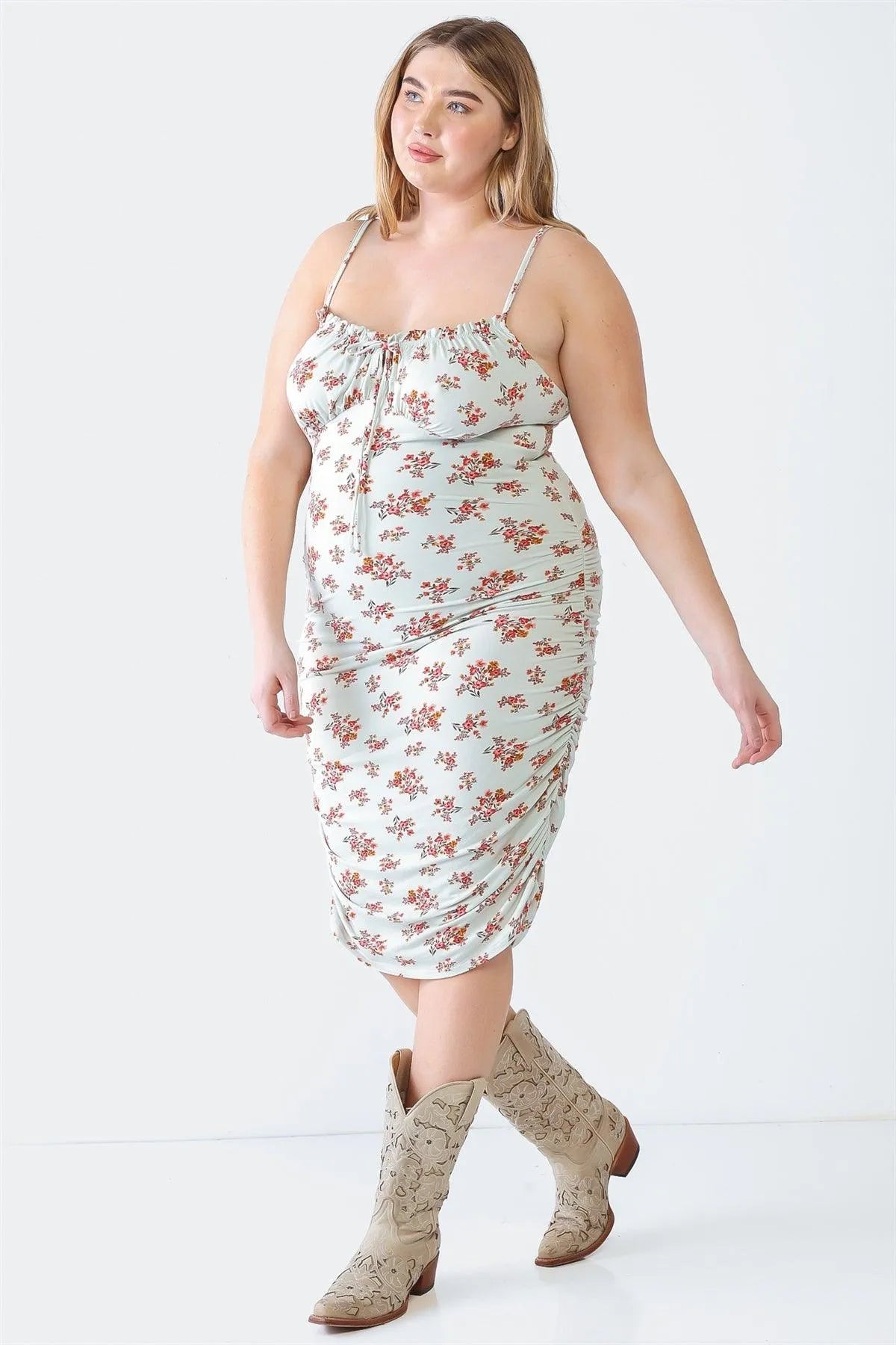 Plus Size Sage Floral Print Ruched Midi Dress - Tasha Apparel Wholesale