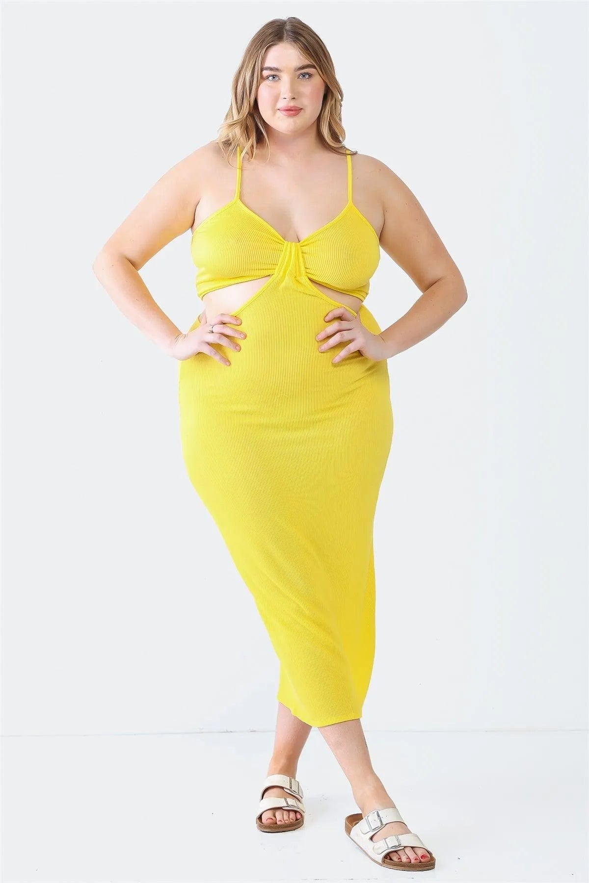 Junior Plus Yellow Ribbed Bow Cut-Out Sleeveless Strappy Midi Dress /2-2-1 - Tasha Apparel Wholesale