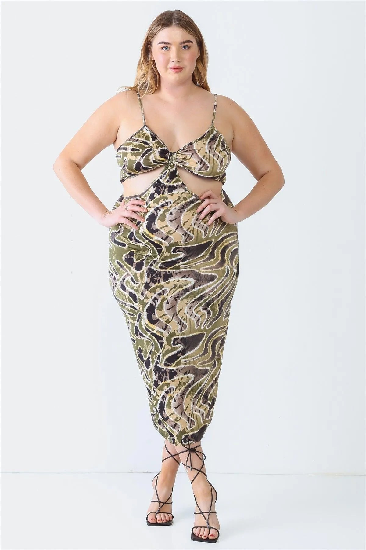 Olive Plus Size Printed Bow Cut-Out Sleeveless Midi Dress - Tasha Apparel Wholesale