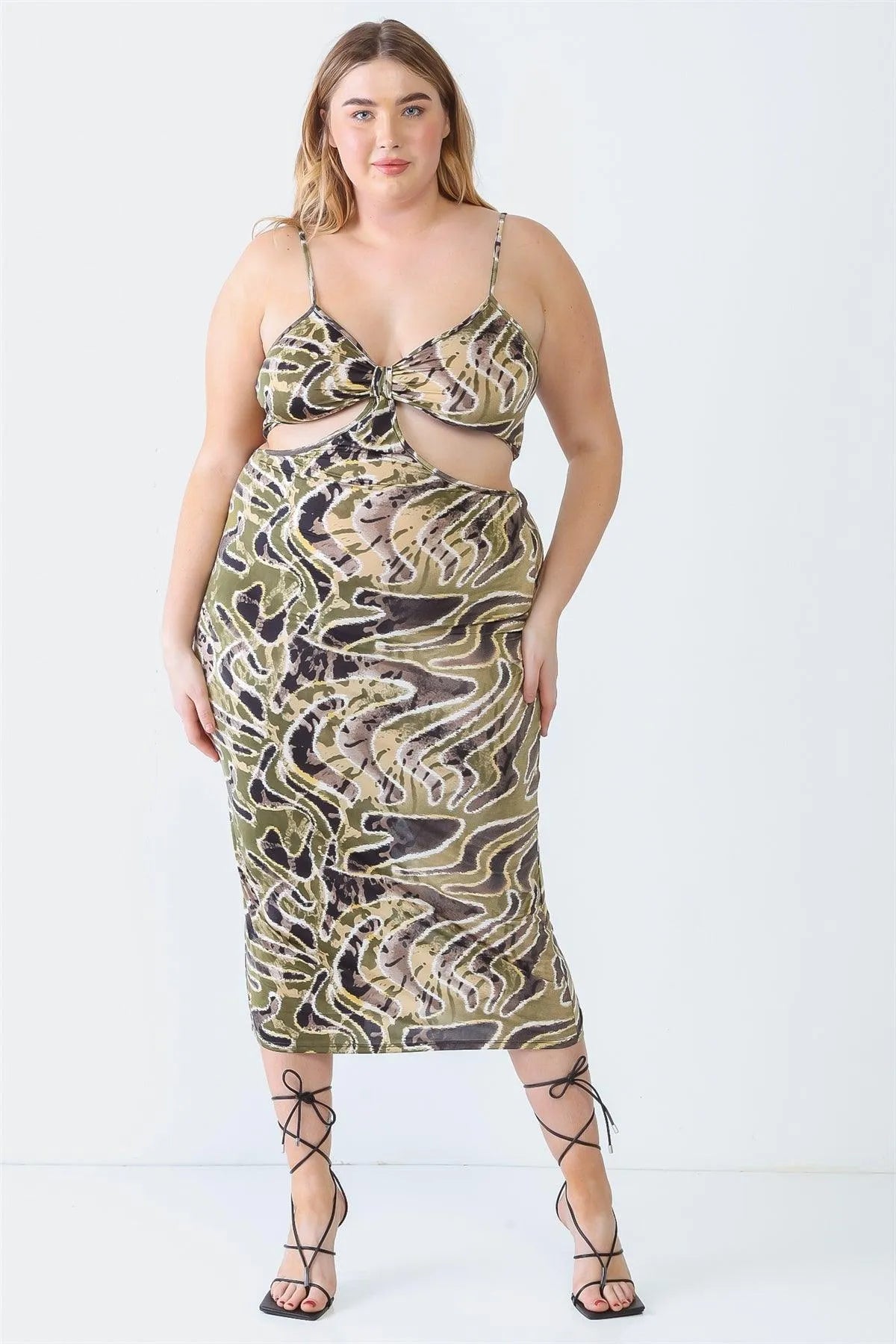 Plus Size Olive Printed Bow Cut-Out Sleeveless Midi Dress - Tasha Apparel Wholesale