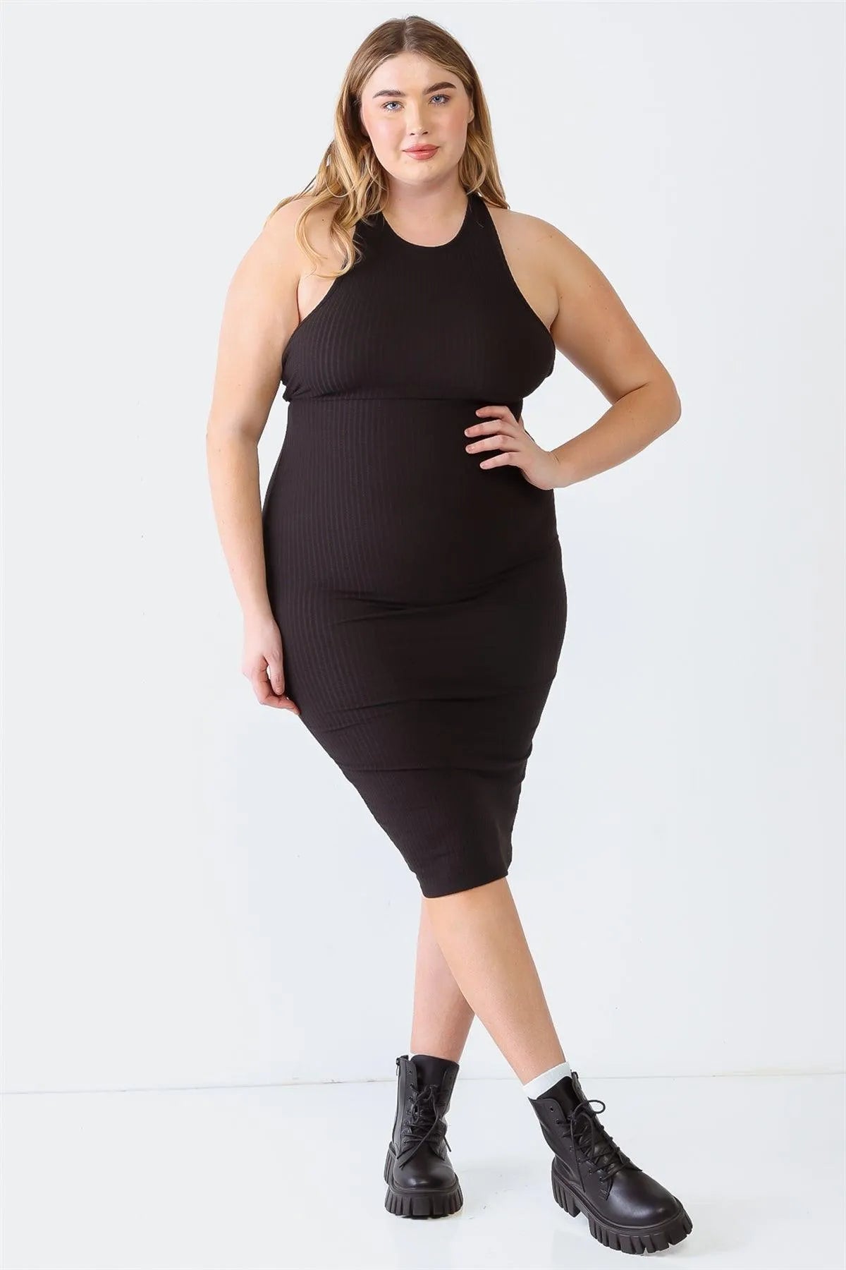 Junior Plus Black Ribbed Sleeveless Criss-Cross Back Midi Dress /1-1-1 - Tasha Apparel Wholesale