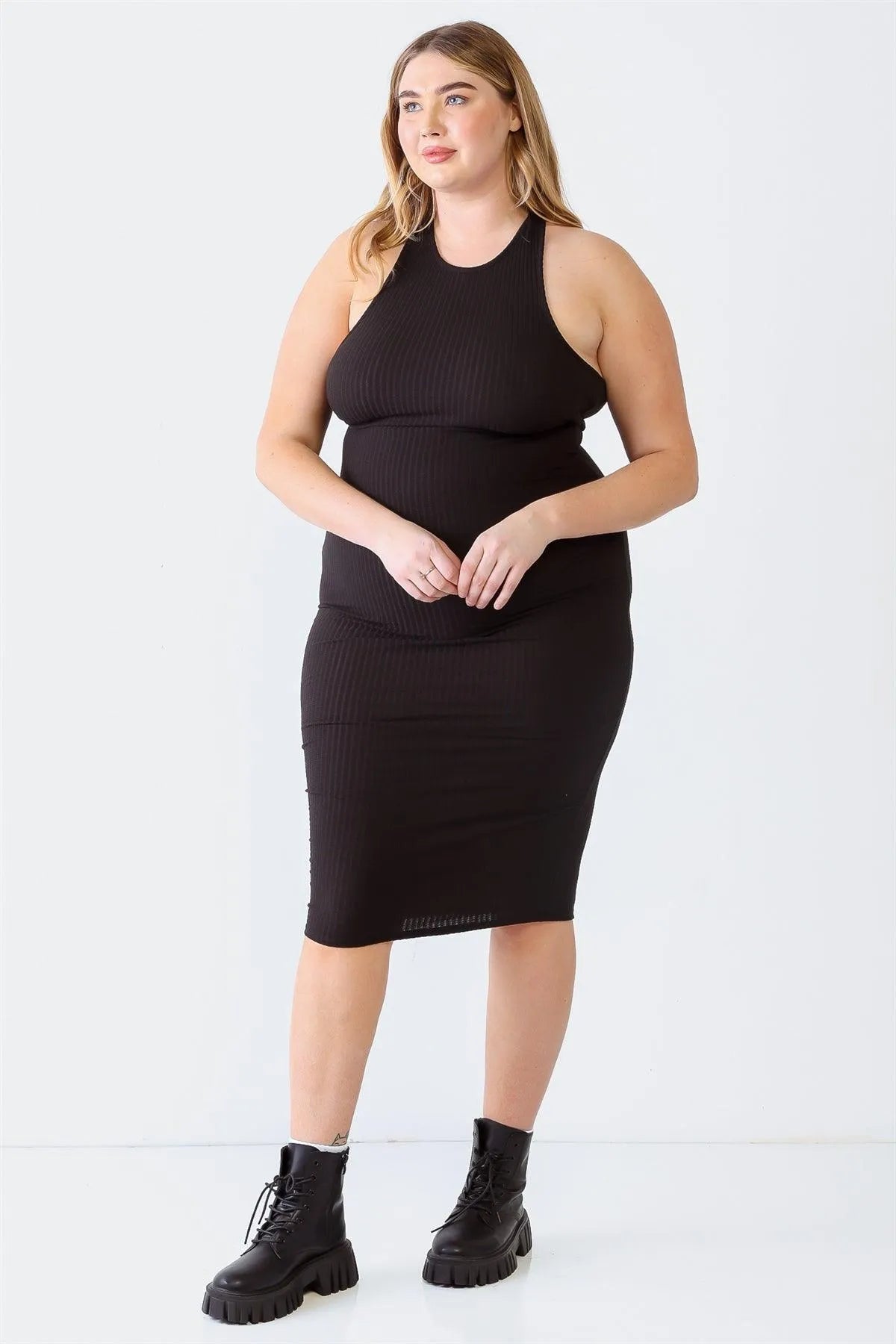 Junior Plus Black Ribbed Sleeveless Criss-Cross Back Midi Dress /1-2-2 - Tasha Apparel Wholesale