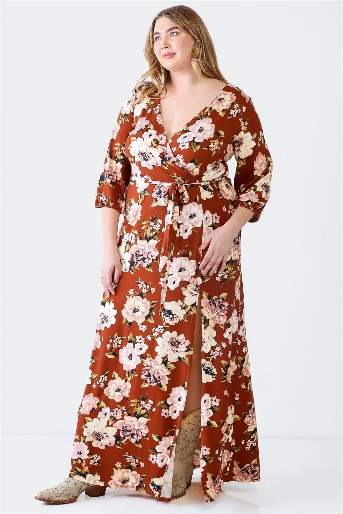 Junior Plus Brown Floral Print Wrap Neck Long Sleeve Belted Maxi Dress /2-2-2 - Tasha Apparel Wholesale