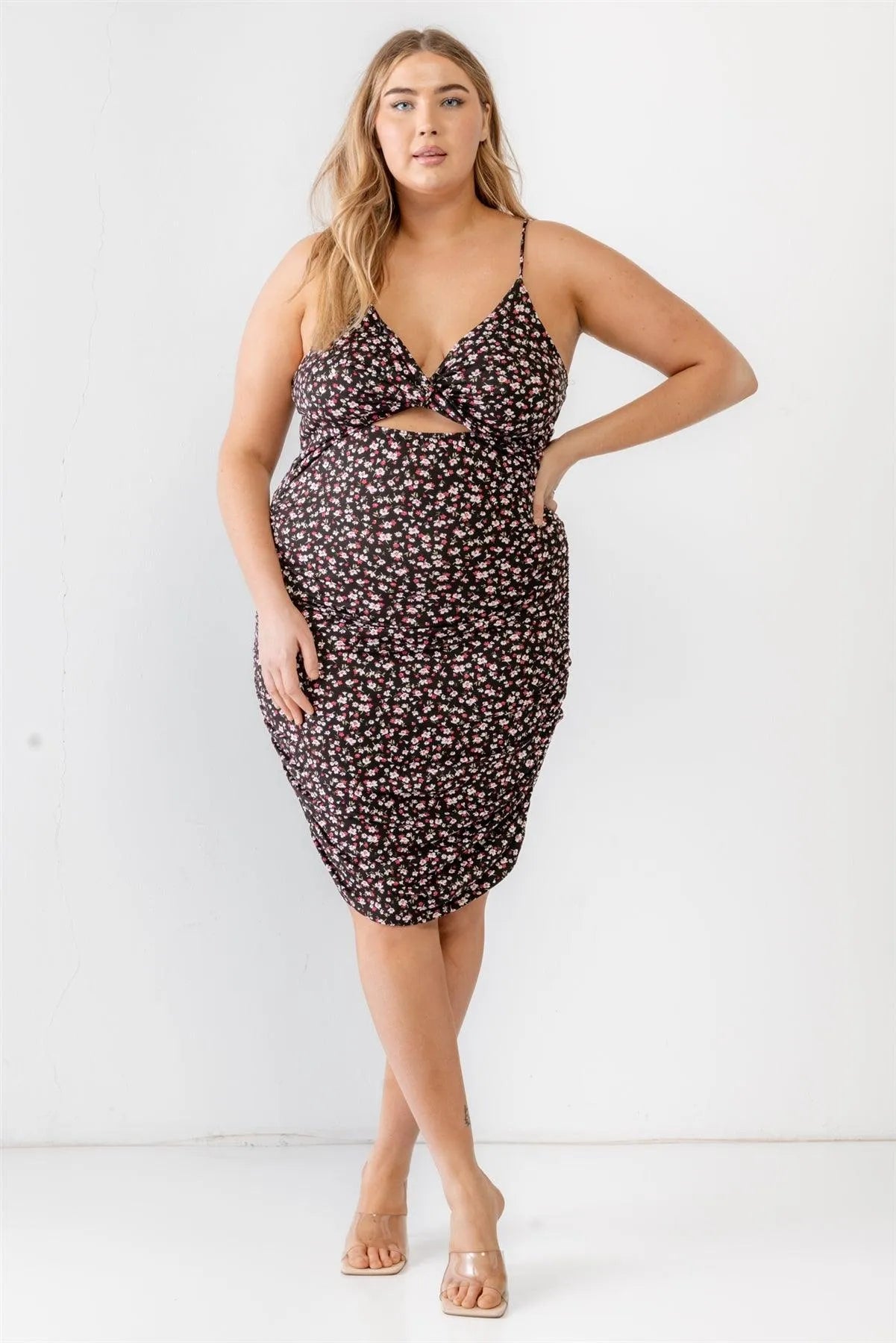 Plus Size Floral Twist Cut-Out Ruched Strappy Midi Dress - Tasha Apparel Wholesale