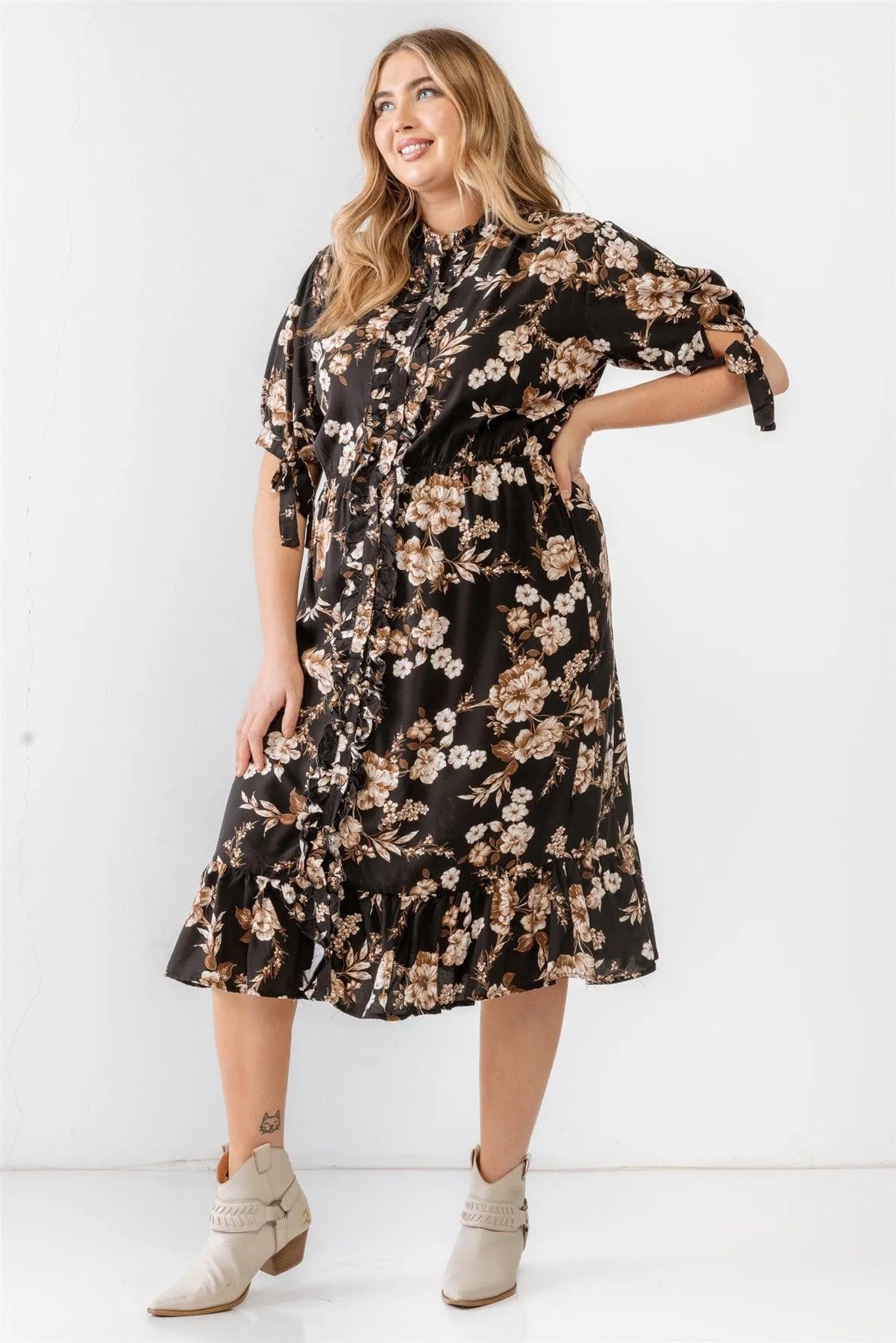 Junior Plus Black & Sand Floral Button-Up Ruffle Trim Short Tie Sleeve Midi Dress /1-1-1 - Tasha Apparel Wholesale