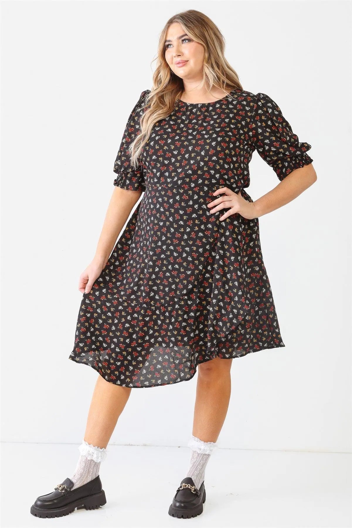 Junior Plus Black Flower Print Midi Sleeve Belted Flare Midi Dress /2-1-2 - Tasha Apparel Wholesale