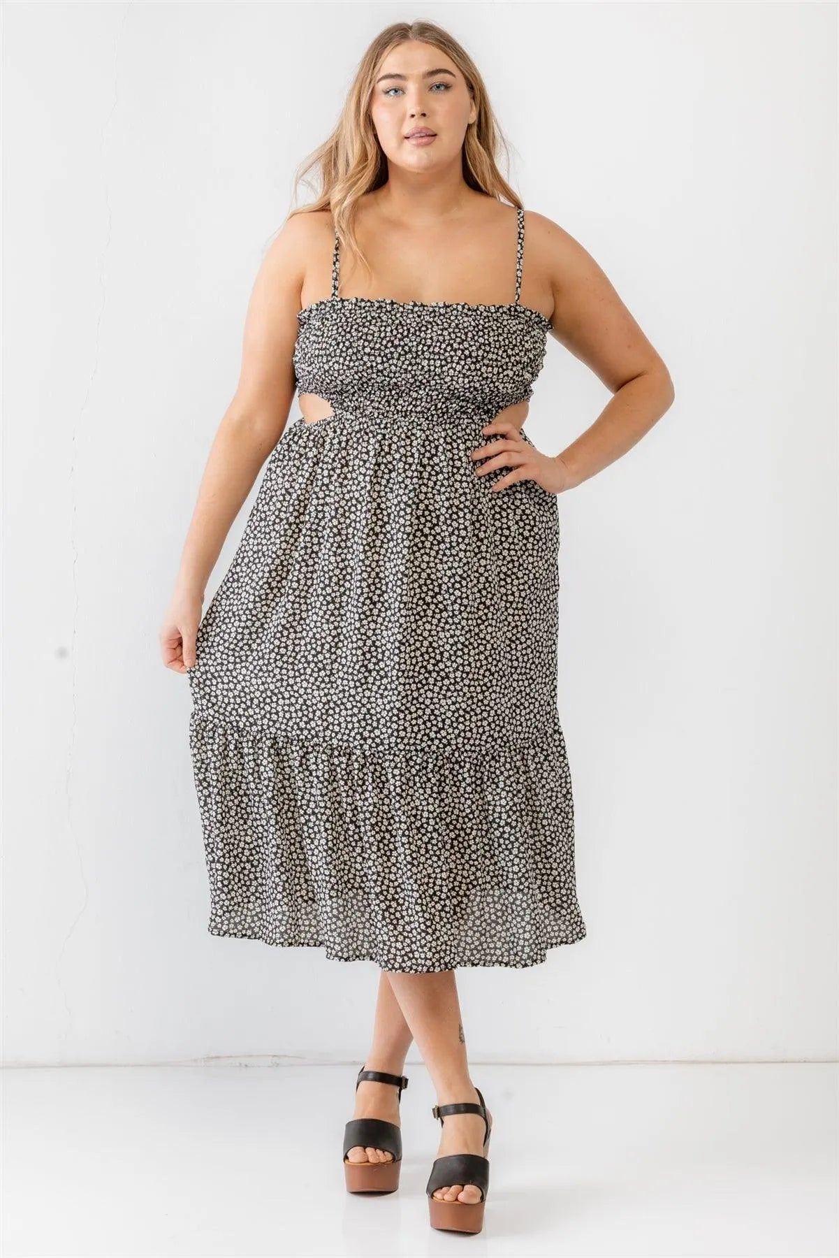 Junior Plus Black Floral Smocked Cut-Out Strappy Midi Dress /1-1-1 - Tasha Apparel Wholesale