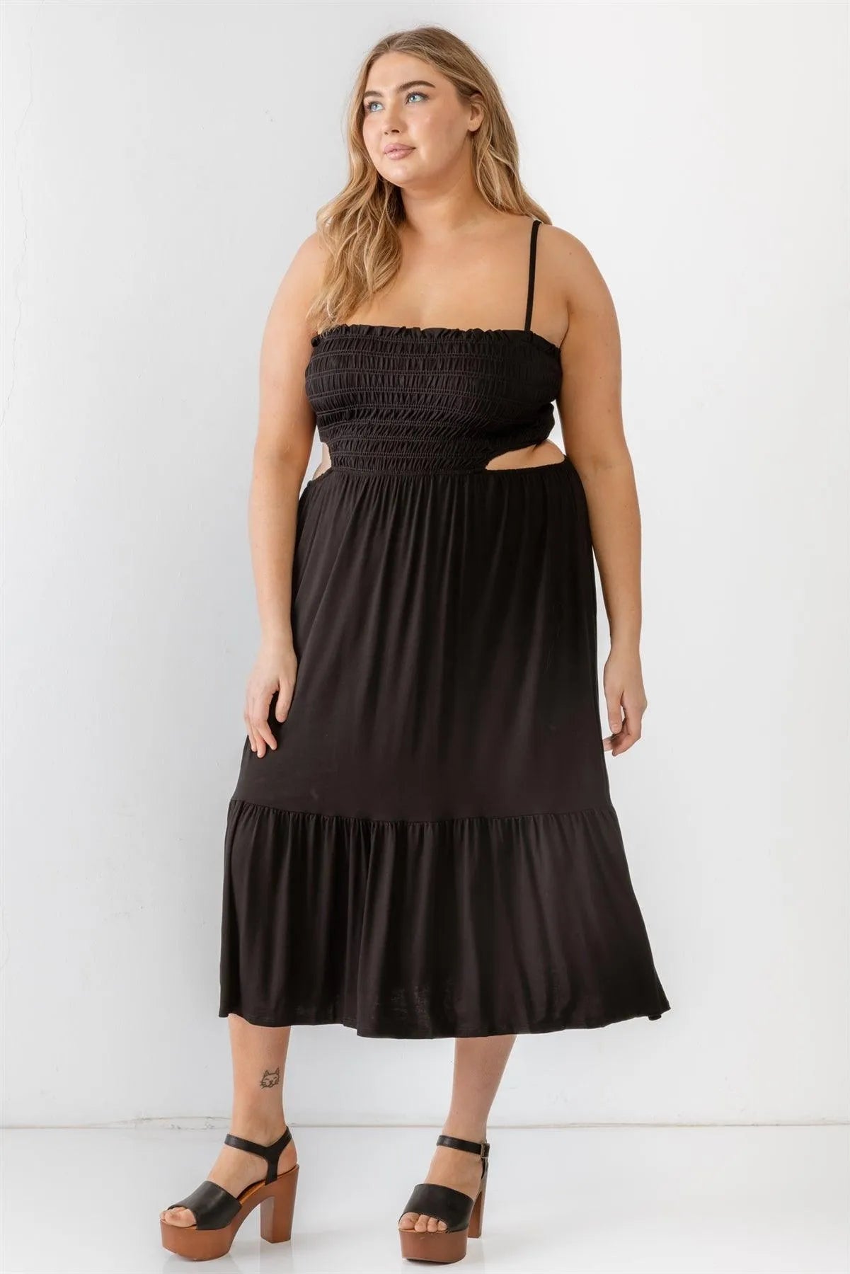 Junior Plus Black Smocked Cut-Out Strappy Flare Hem Midi Dress /1-1-1 - Tasha Apparel Wholesale