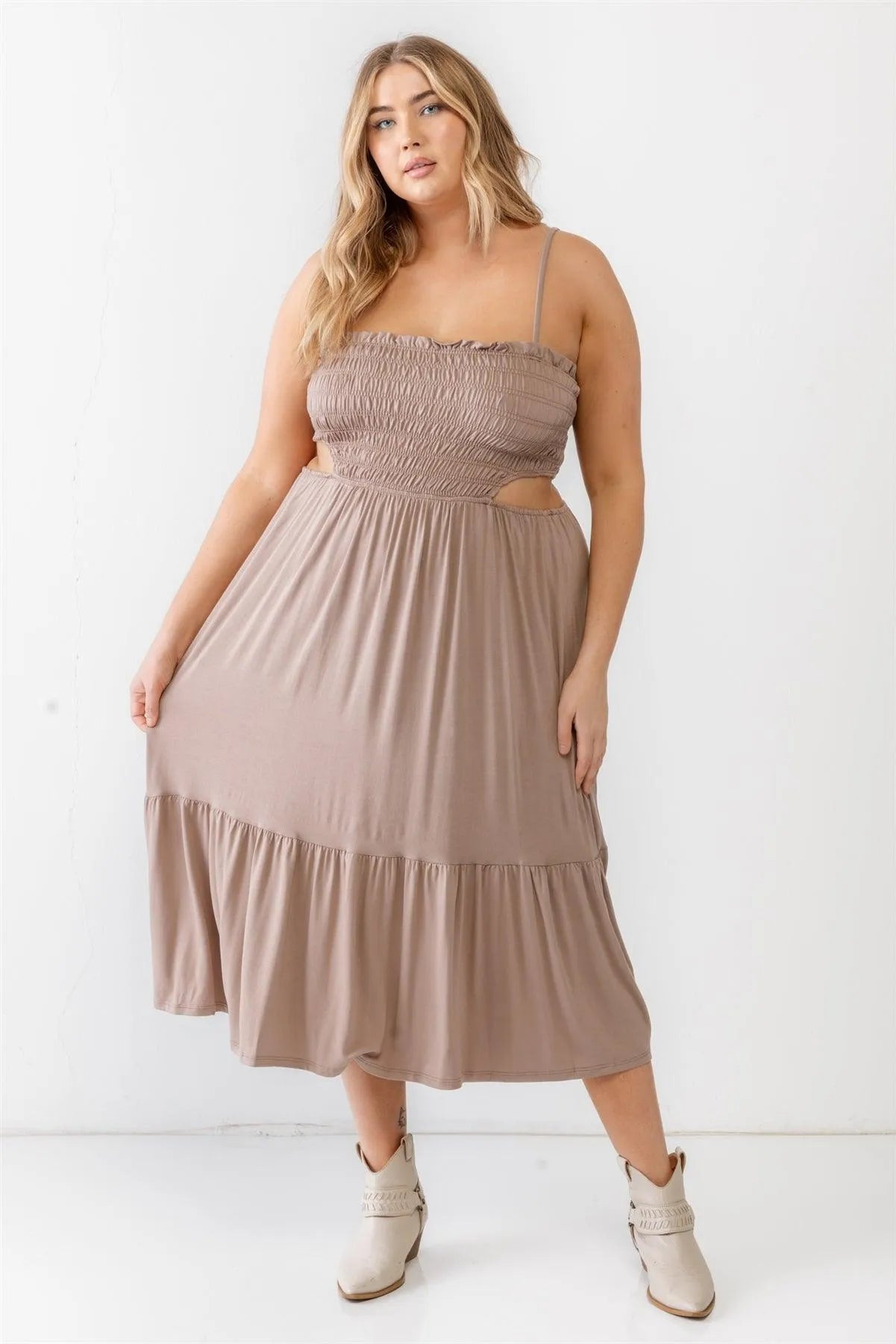 Junior Plus Mocha Smocked Sleeveless Cut-Out Strappy Flare Midi Dress /1-1-1 - Tasha Apparel Wholesale