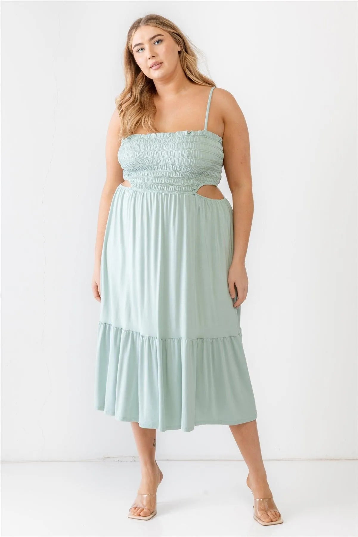 Junior Plus Sage Smocked Sleeveless Cut-Out Strappy Flare Midi Dress /1-1-1 - Tasha Apparel Wholesale