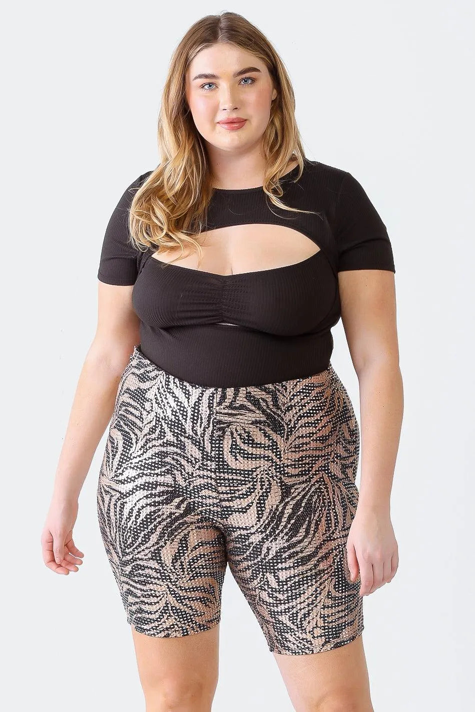 Junior Plus Black & Rose Printed Sequin High Waist Shorts /1-1-1 Junior Plus Black & Rose Printed Sequin High Waist Shorts /1-1-1
