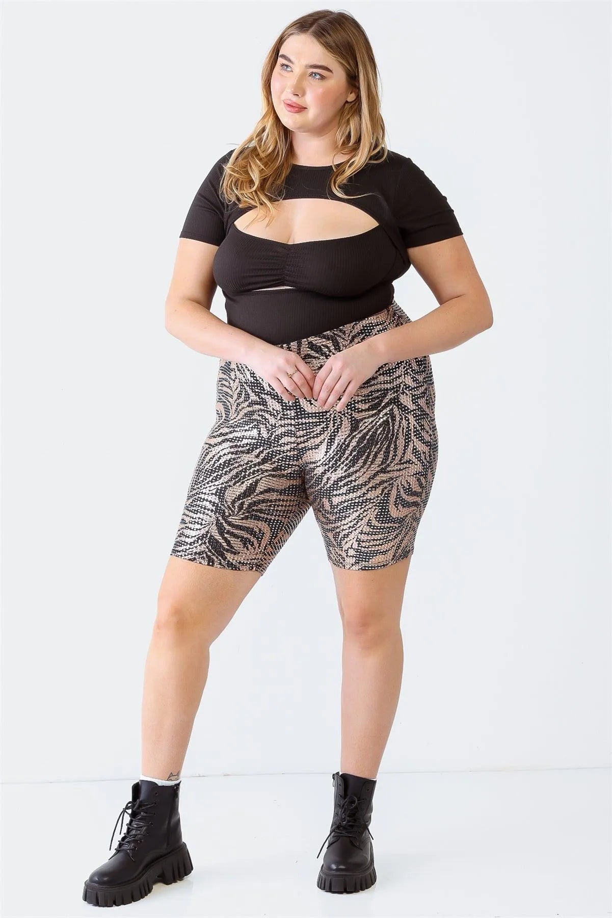 Junior Plus Black & Rose Printed Sequin High Waist Shorts /1-1-1 - Tasha Apparel Wholesale