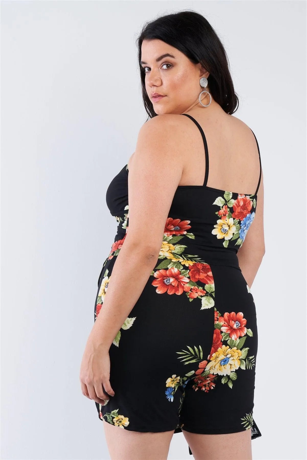 Junior Plus Size Black Floral Wrap Skort Romper /2-2-2 - Tasha Apparel Wholesale