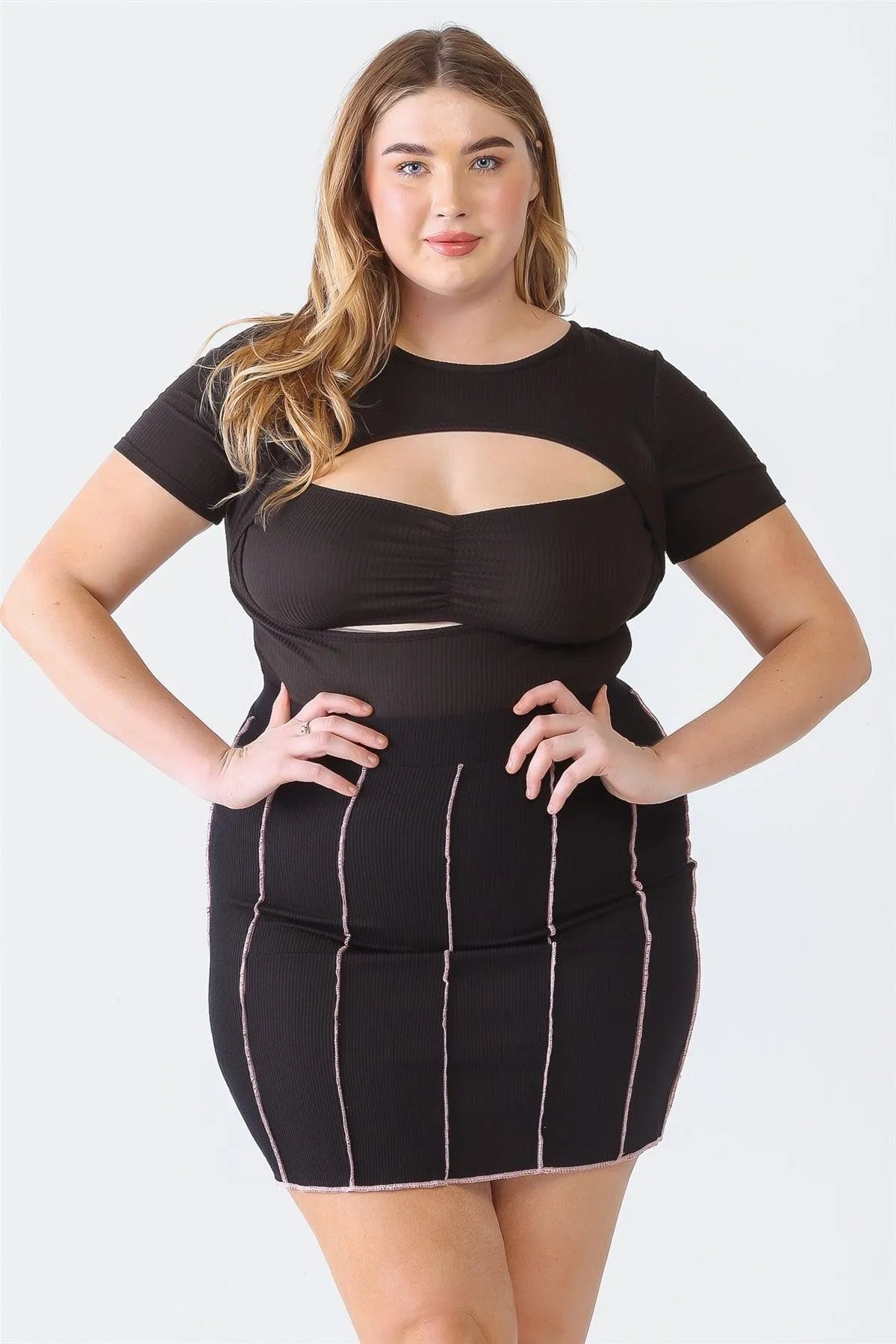 Plus Size Ribbed Contrast Stitch Mini Skirt - Black Bodycon Skirt Pink Accents - Tasha Apparel Wholesale