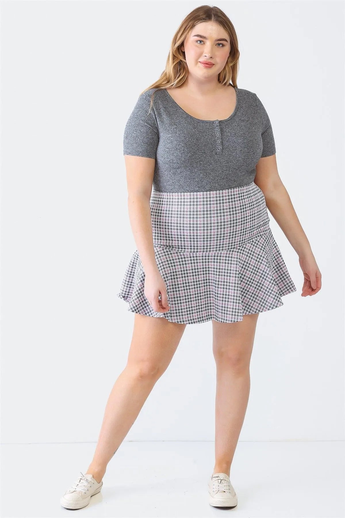 Plus Size Pink Plaid High Waist Flare Hem Mini Skirt - Tasha Apparel Wholesale