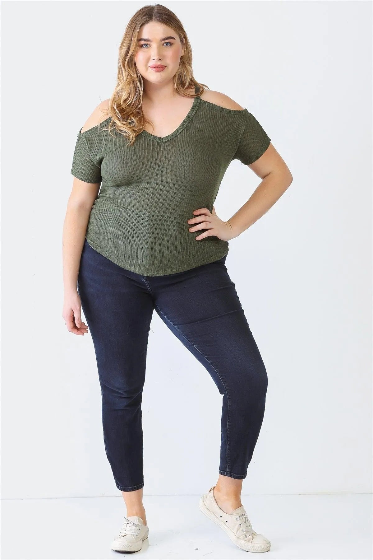 Junior Plus Olive Knit Off-The-Shoulder Short Sleeve Top /1-1 - Tasha Apparel Wholesale